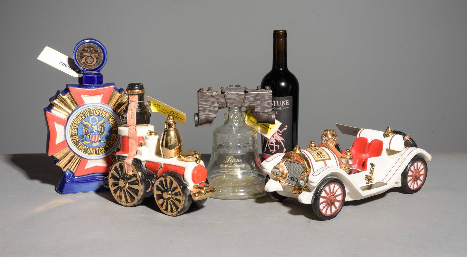 Four Assorted Vintage Whiskey Decanters: Four Assorted Vintage Whiskey Decanters - 1911 Mercer Double Spirngs Rare Old Sippin' Whiskey Automobile Decnter / Bottle - 2pcs Ezra Brooks Vintage " iron Horse " And Steam Engine Locomotive Whiskey