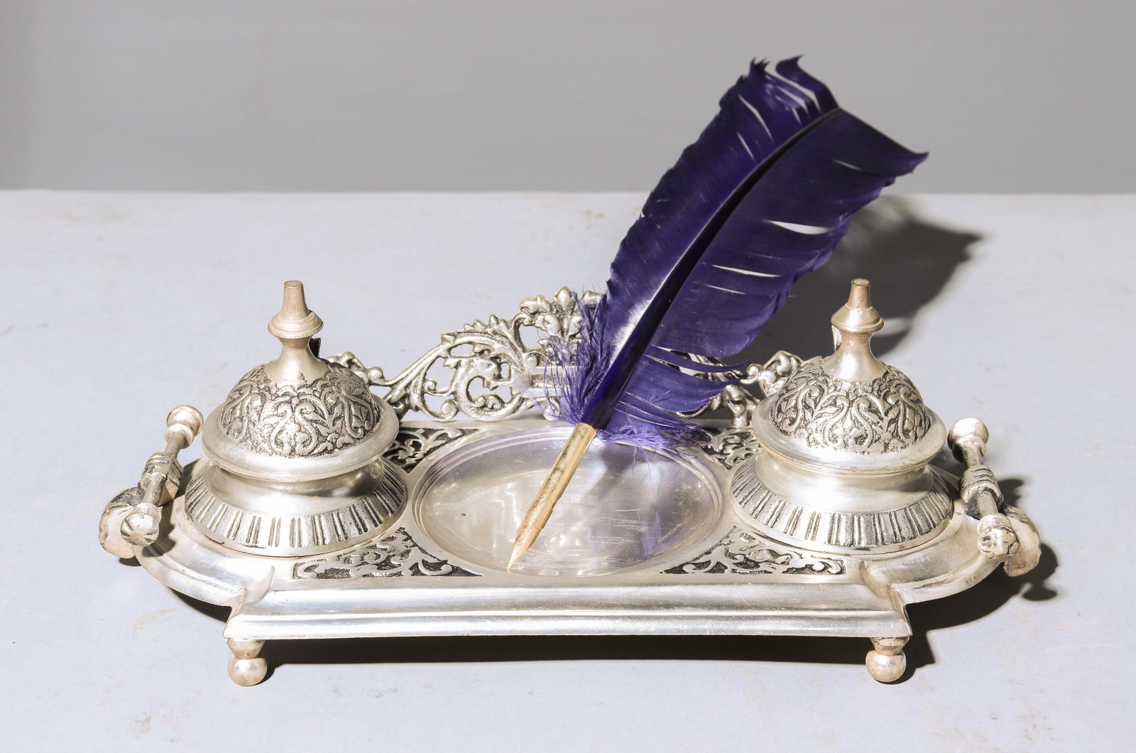 Victorian Style Double Ink Well with Quil: Victorian Style Double Ink Well with Quil - 4 in tall x 11 x 5