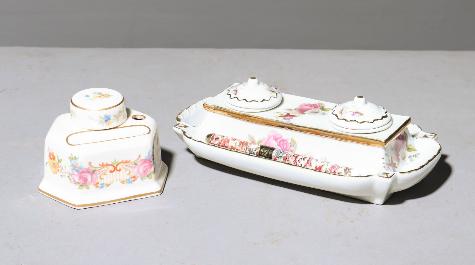 2pcs - Bethwood Hand Decorated Ink Well & 1 Other: 2pcs - Bethwood Royal China Hand Decorated Ink Well & a Hand Decorated Double Inkwell with Pen - 3 in tall x 9 x 5