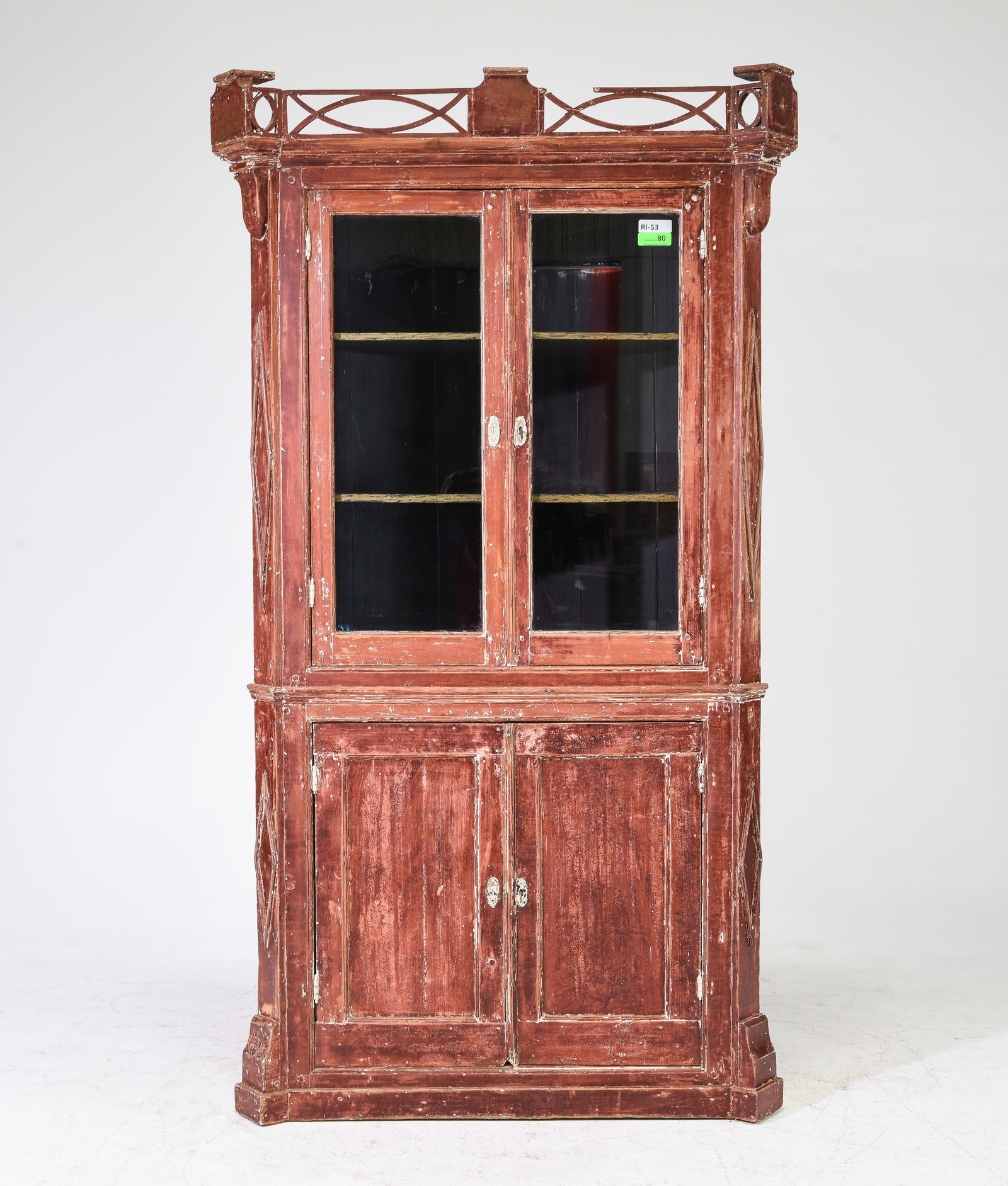 Large Painted 4 Door Rustic Corner Cupboard: Large Painted 4 Door Rustic Corner Cupboard - 85 in tall x 42 x 23