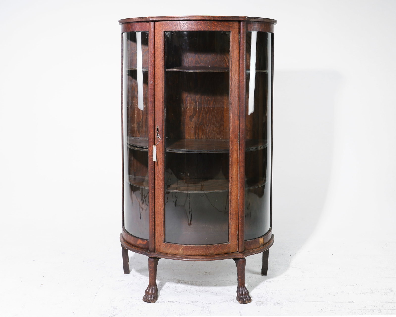 Antique Oak Curved Curio / Display Cabinet: Antique Oak Curved Curio / Display Cabinet - 58 in tall x 35 x 15