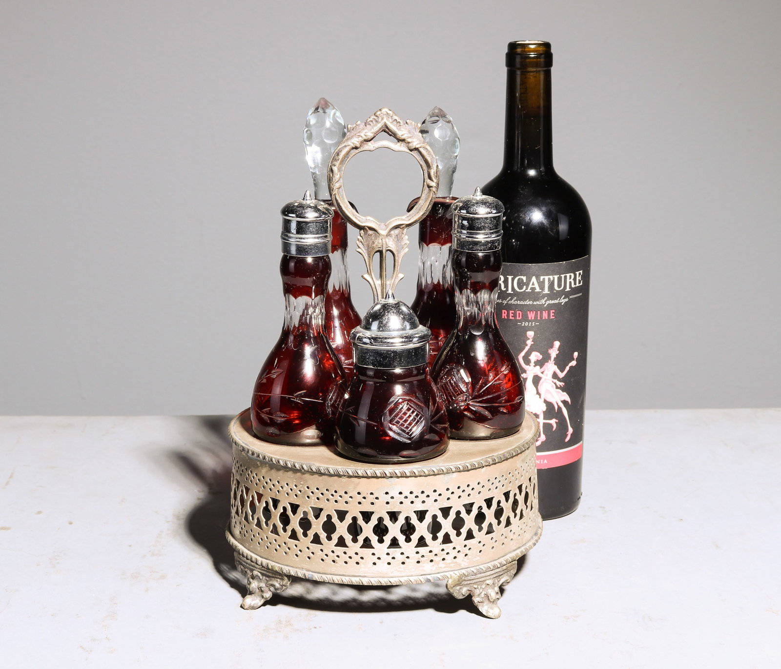 Ruby Cut to Clear Glass Cruet Set (1 of 2)