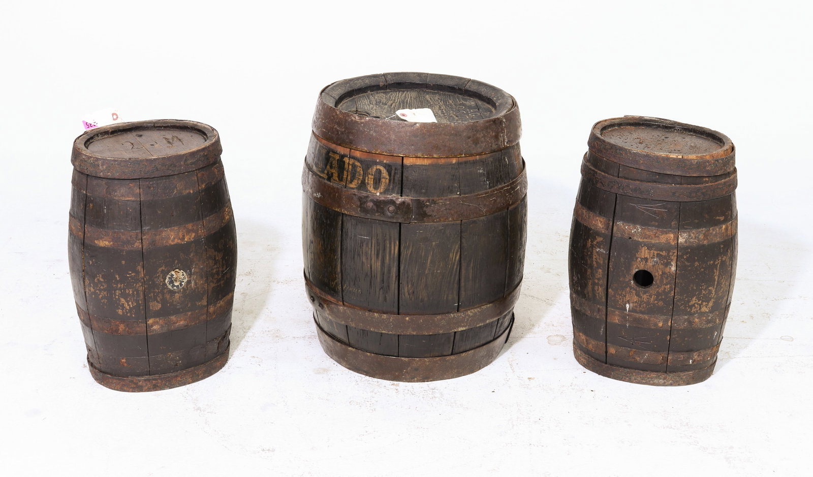 Three British Iron Banded Barrels: Three British Iron Banded Barrels - 21 in tall x 16 inch diameter