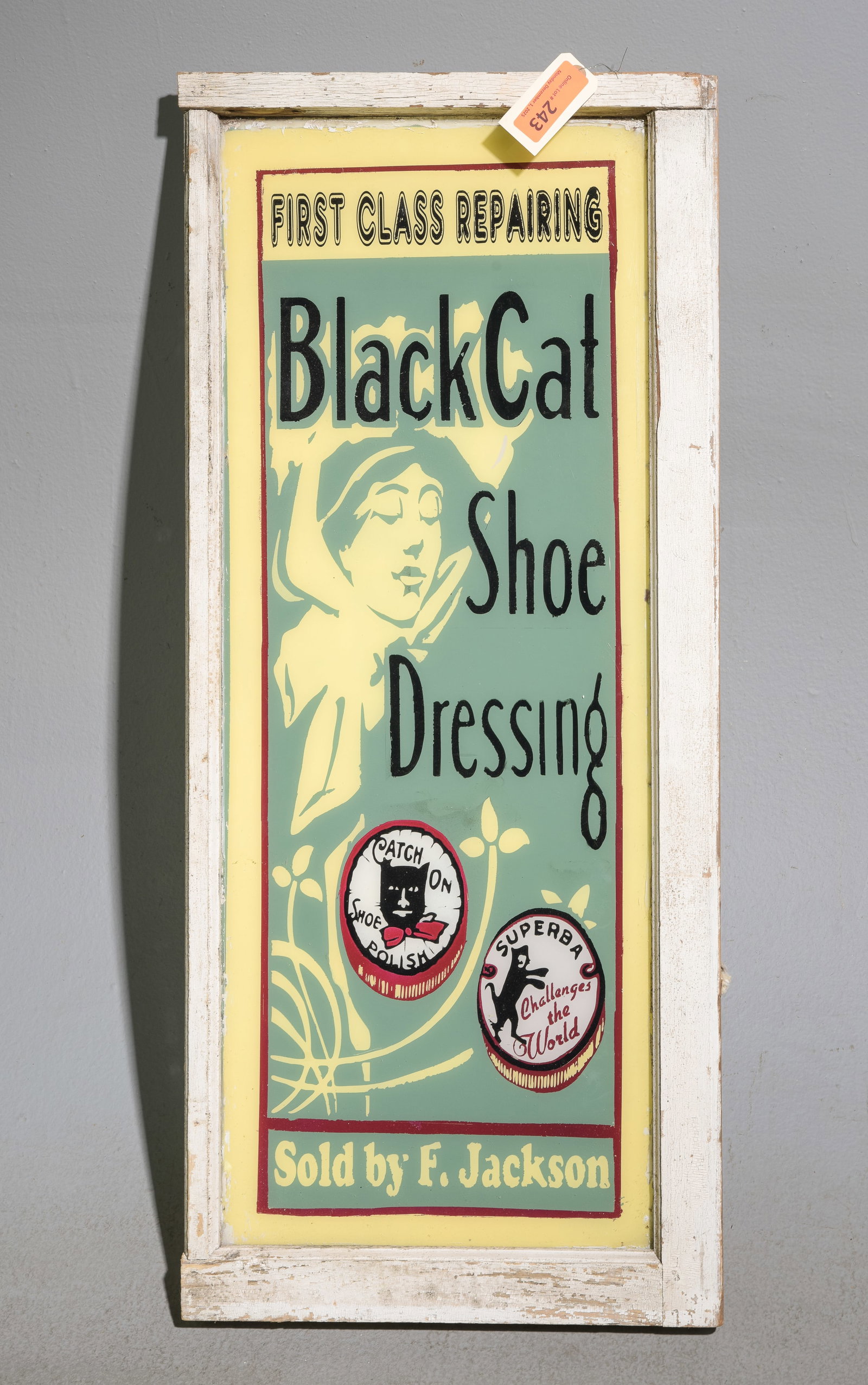Reverse Painted Glass "Black Cat Shoe Dressing" Sign: Reverse Painted Glass "Black Cat Shoe Dressing" Sign - 39 in tall x 17 x 1.75