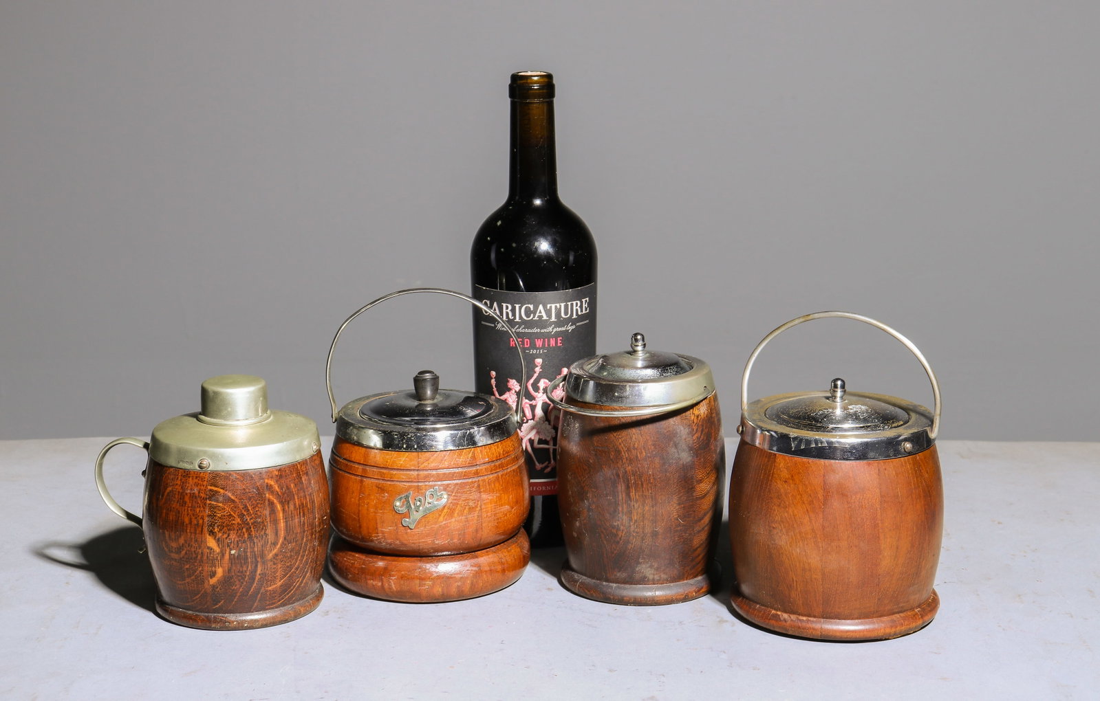 4 Assorted Oak Biscuit Barrels: 4 Assorted Oak Biscuit Barrels - 4 in tall x 4 inch diameter
