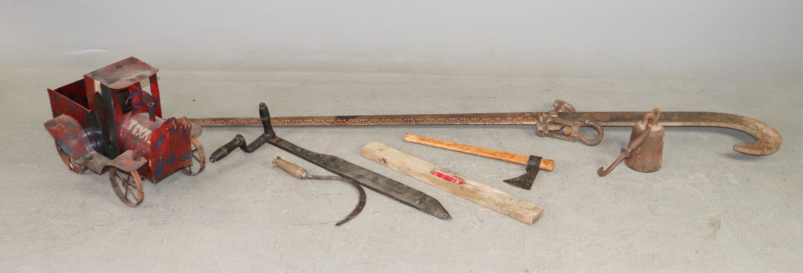Balance Beam Scale, Axe, Toy Metal Car, ETC: Balance Beam Scale, Axe, Toy Metal Car, ETC - 93 in tall x 14 x 3