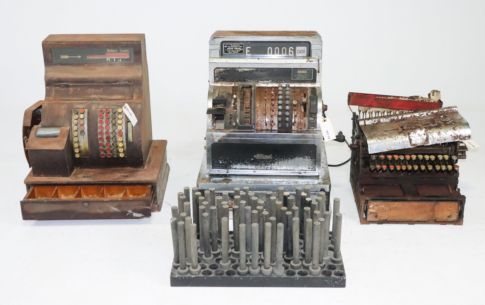 3 Antique National Cash Registers & Price Stamps: 3 Antique National Cash Registers & Price Stamps - 23 in tall x 18 x 19