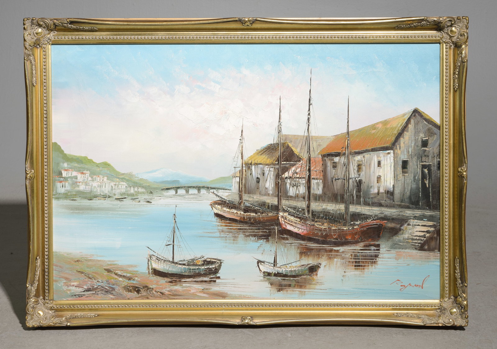 Gold Framed Oil on Canvas - Port Town Landscape: Gold Framed Oil on Canvas - Port Town Landscape - 23 in tall x 33 x 2, The work itself is 20.25 x 30