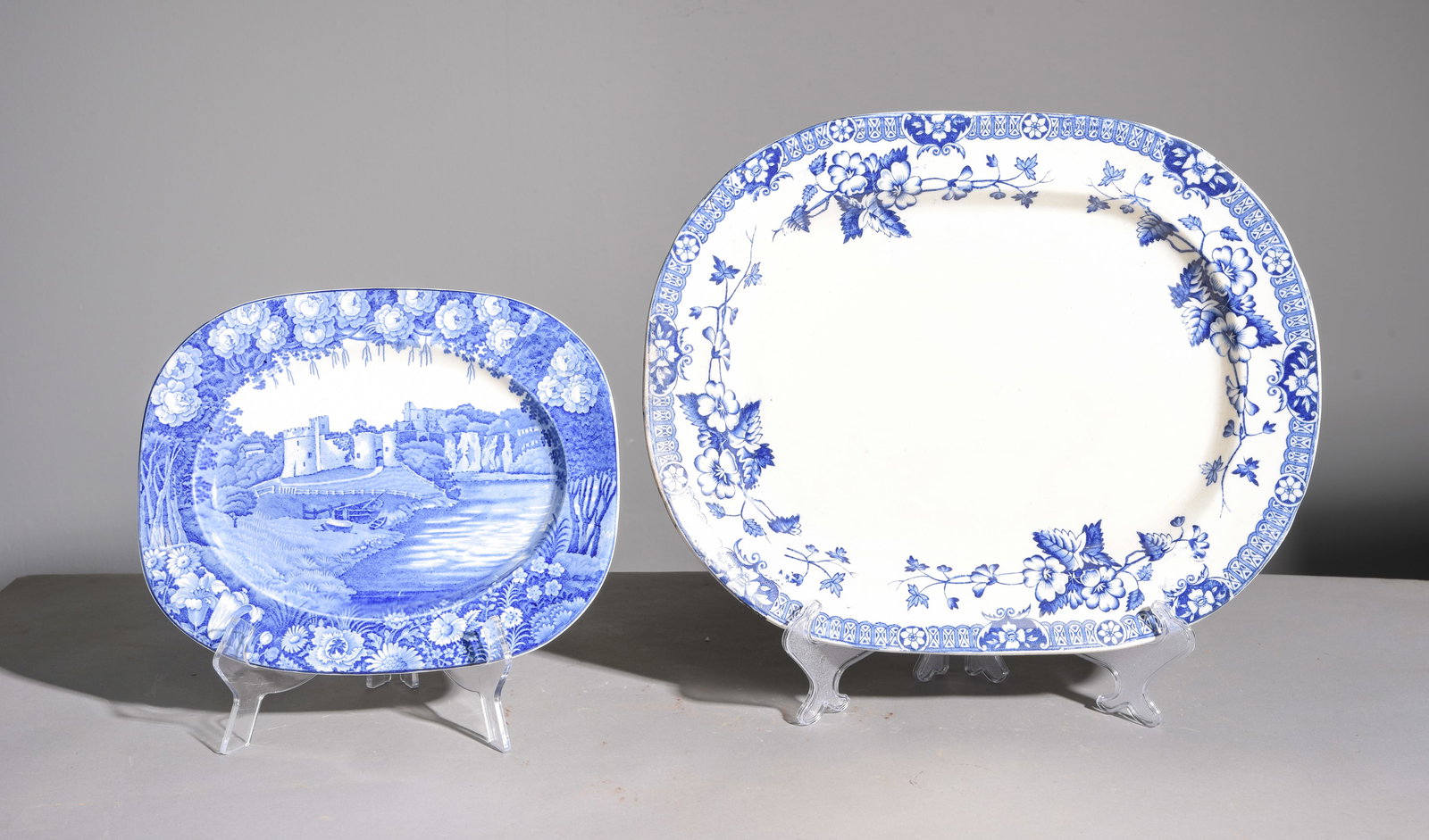 2pcs - British Blue & White Platters: 2pcs - British Blue & White Platters - 1.5 in tall x 17.75 x 14.25 and 1 in tall x 12.5 x 10 - The smaller one is marked Wood & Sons England