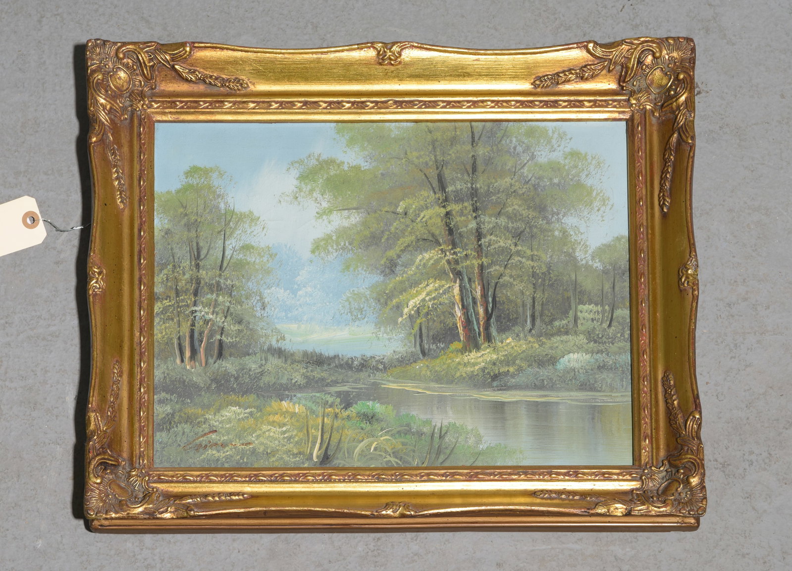 Small Gold Framed Oil on Canvas Landscape: Small Gold Framed Oil on Canvas Landscape - 15.5 in tall x 20 x 1.75, The work itself is 12.5 x 16
