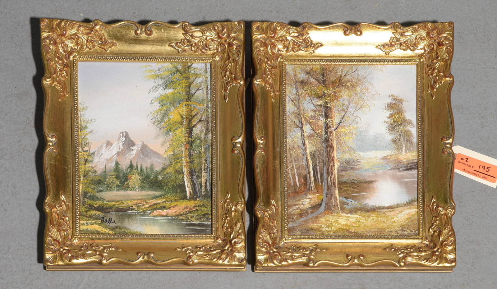 2 Small Gold Framed Oil on Canvas Landscapes: 2 Small Gold Framed Oil on Canvas Landscapes - 13.75 in tall x 11.5 x 1.25, The work itself is 10 x 8