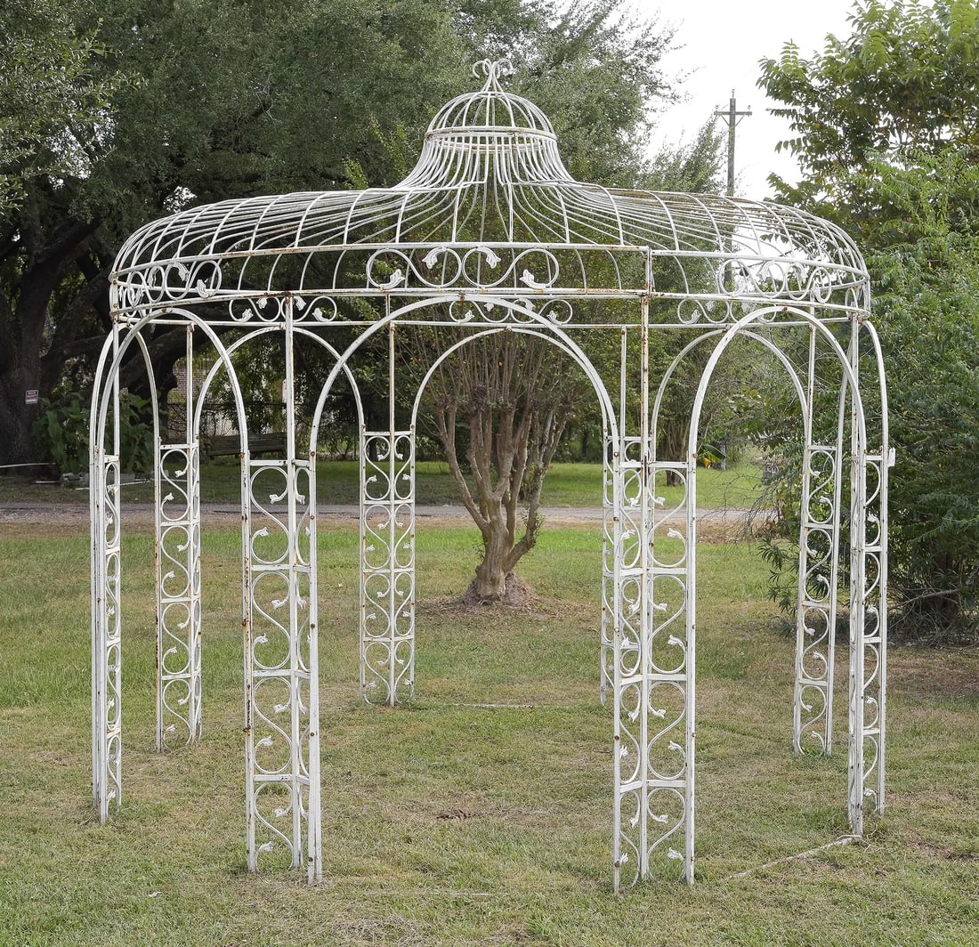 White Painted Round Iron / Metal Gazebo: White Painted Round Iron / Metal Gazebo - Overall this is 130 in tall x 135 inch diameter - 10.8 feet tall by 11.2 feet in diameter - This will break down for easier transport