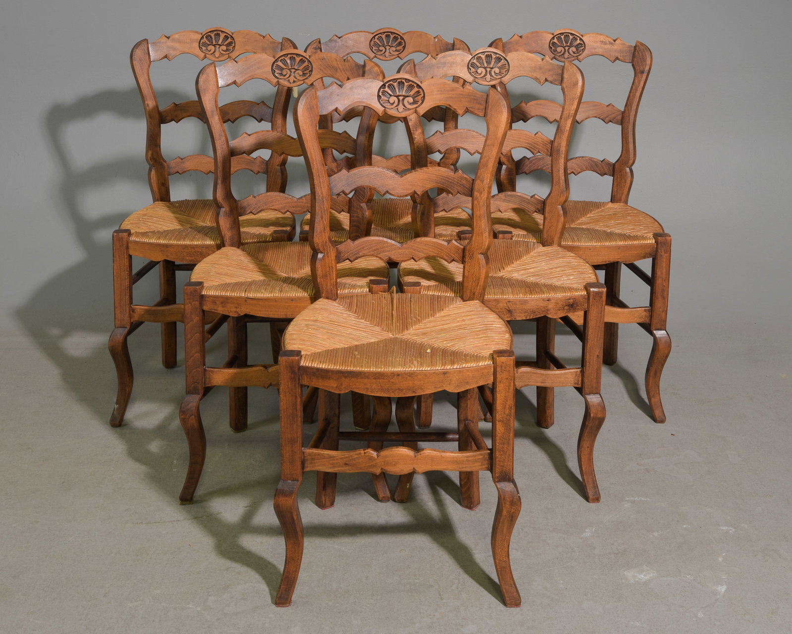 Louis XV Style Set of 6 Oak Rush Seat Chairs: French Louis XV Style Set of 6 Oak Rush Seat Chairs - 35.25 in tall x 17 x 18 each with a seat height of 18 inches
