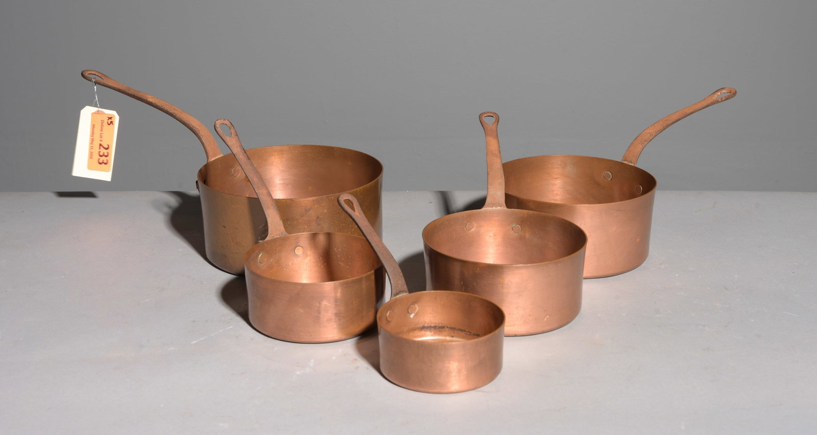 5 French Copper Sauce Pans #1: 5 French Copper Sauce Pans - Largest is 6.5 in tall x 14 x 8
