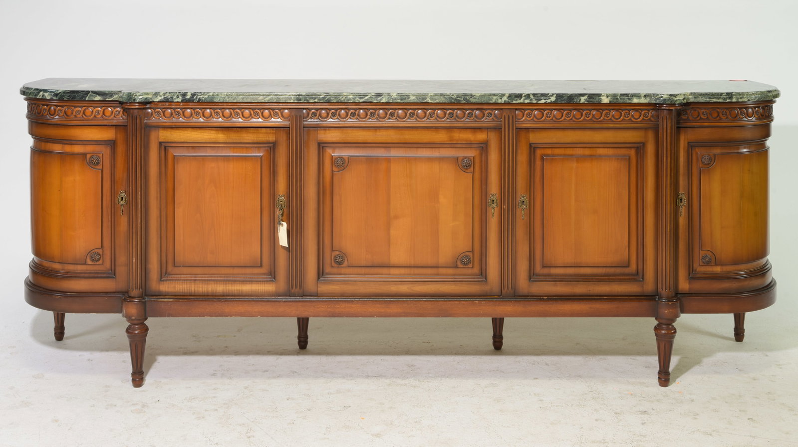 Louis XVI Style Marble Top Long Sideboard: French Louis XVI Style Green Marble Top Long Curved Sideboard / Enfilade - 38.5 in tall x 105 x 23