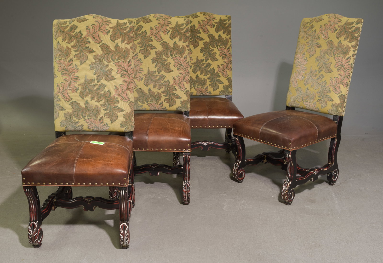 Set of Four High Back Dining Chairs: Set of Four High Back Dining Chairs with Leather Seats - 48 in tall x 22.5 x 30 each with a seat height of 21 inches