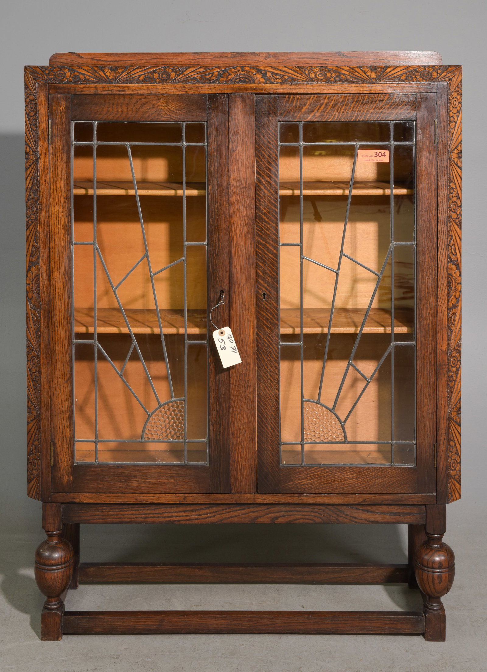 British Carved Oak Leaded Glass Bookcase: British Carved Oak Leaded Glass Bookcase / Cabinet - 51 in tall x 37.5 x 11.25