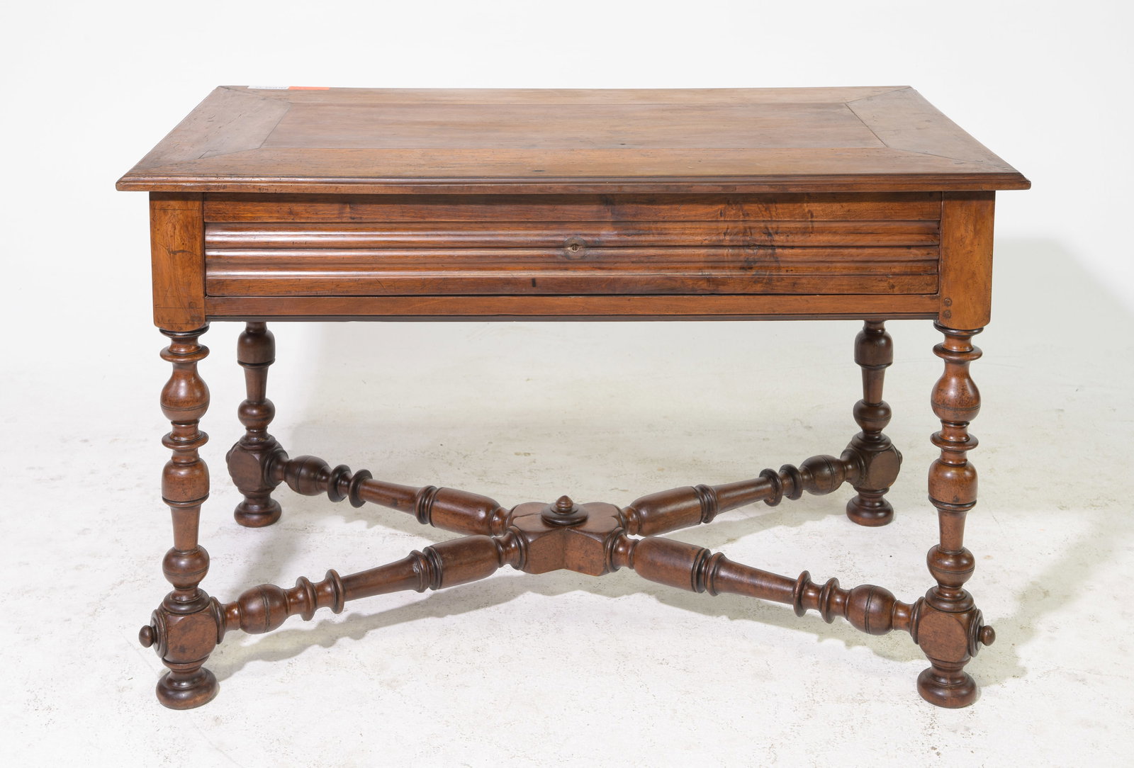 Henri II Style Walnut Writing Table with Turned Legs: French Henri II Style Walnut Writing Table with Turned Legs - 30 in tall x 47 x 26.5, Floor to under is 22 inches and the space between the legs is 38 inches
