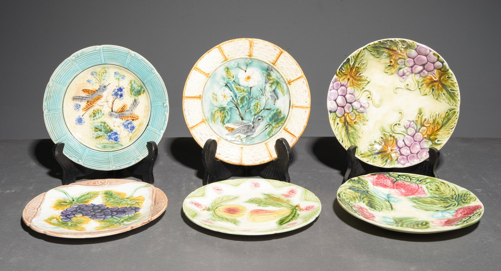 6 Assorted French Majolica Plates: 6 Assorted French Majolica Plates - 1 in tall x 8.5 in diameter