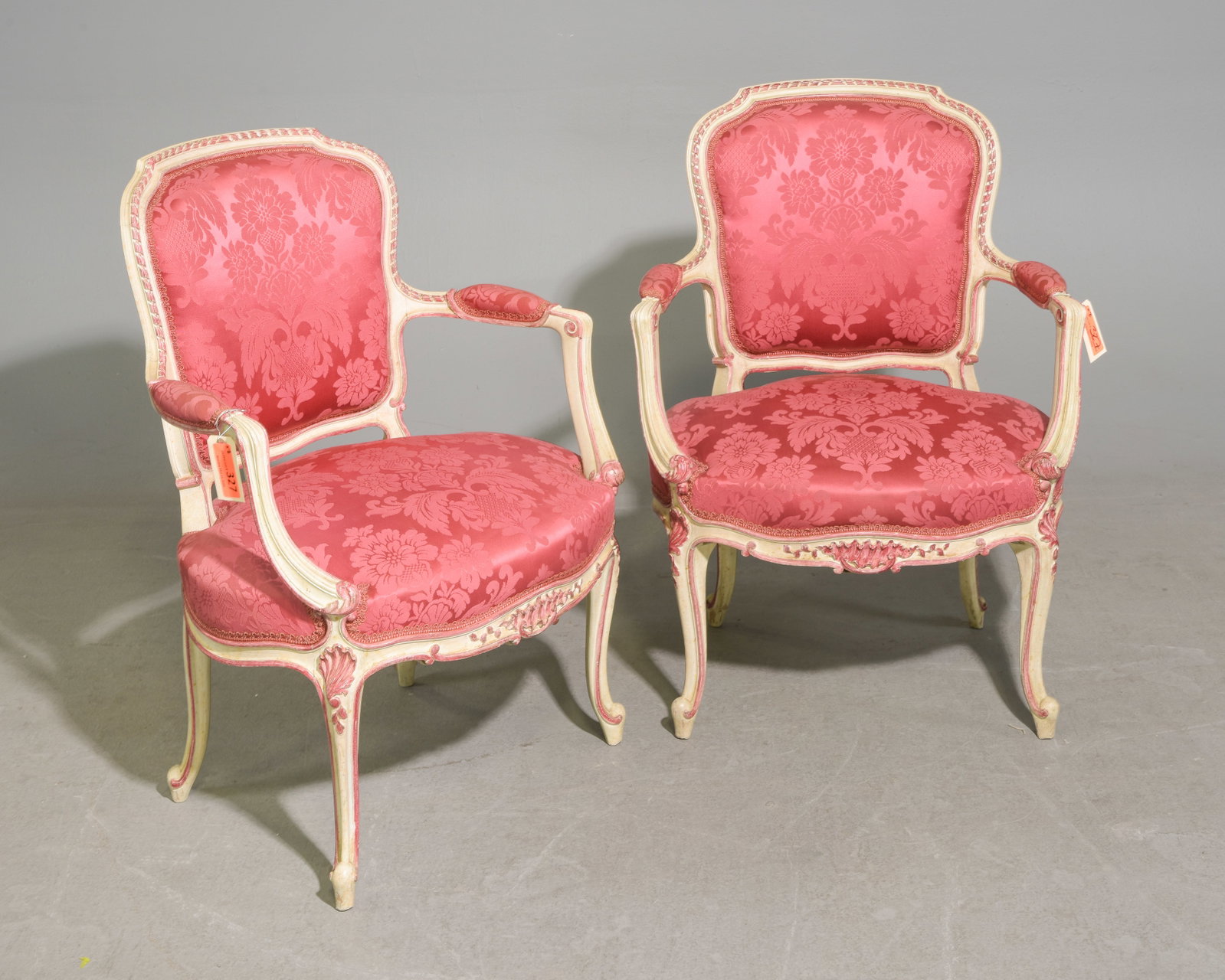 Louis XV Style Pair of Painted Arm Chairs: French Louis XV Style Pair of Painted Arm Chairs - 33.5 in tall x 25 x 23 each with a seat height of 17 inches