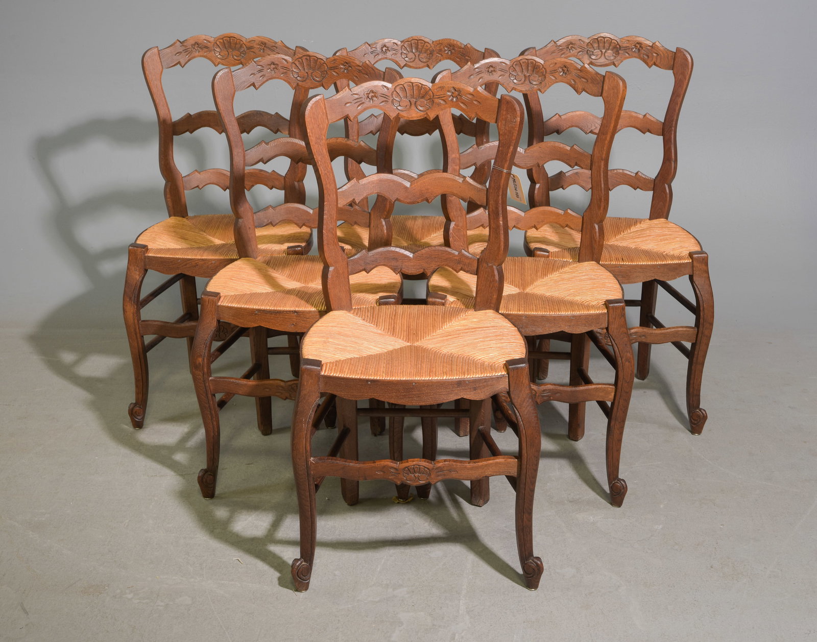 Louis XV Style Set of 6 Oak Rush Seat Chairs: French Louis XV Style Set of 6 Oak Rush Seat Chairs - 36 in tall x 18 x 17 each with a seat height of 18 inches