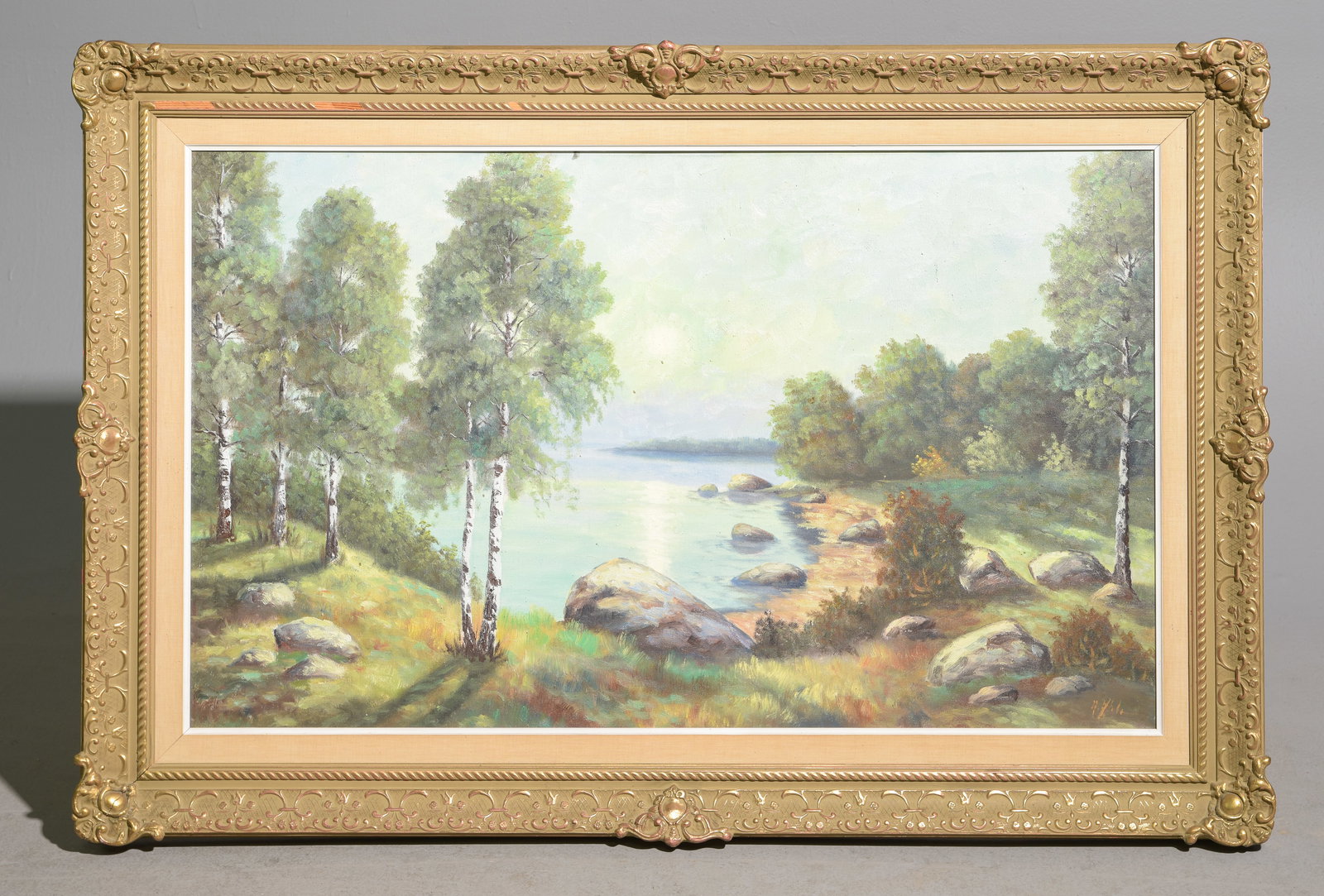 Swedish Framed Acrylic on Canvas Landscape #1: Swedish Gold Framed Acrylic on Canvas Landscape - 31.5 in tall x 47 x 2.5, The work itself is 23 x 38