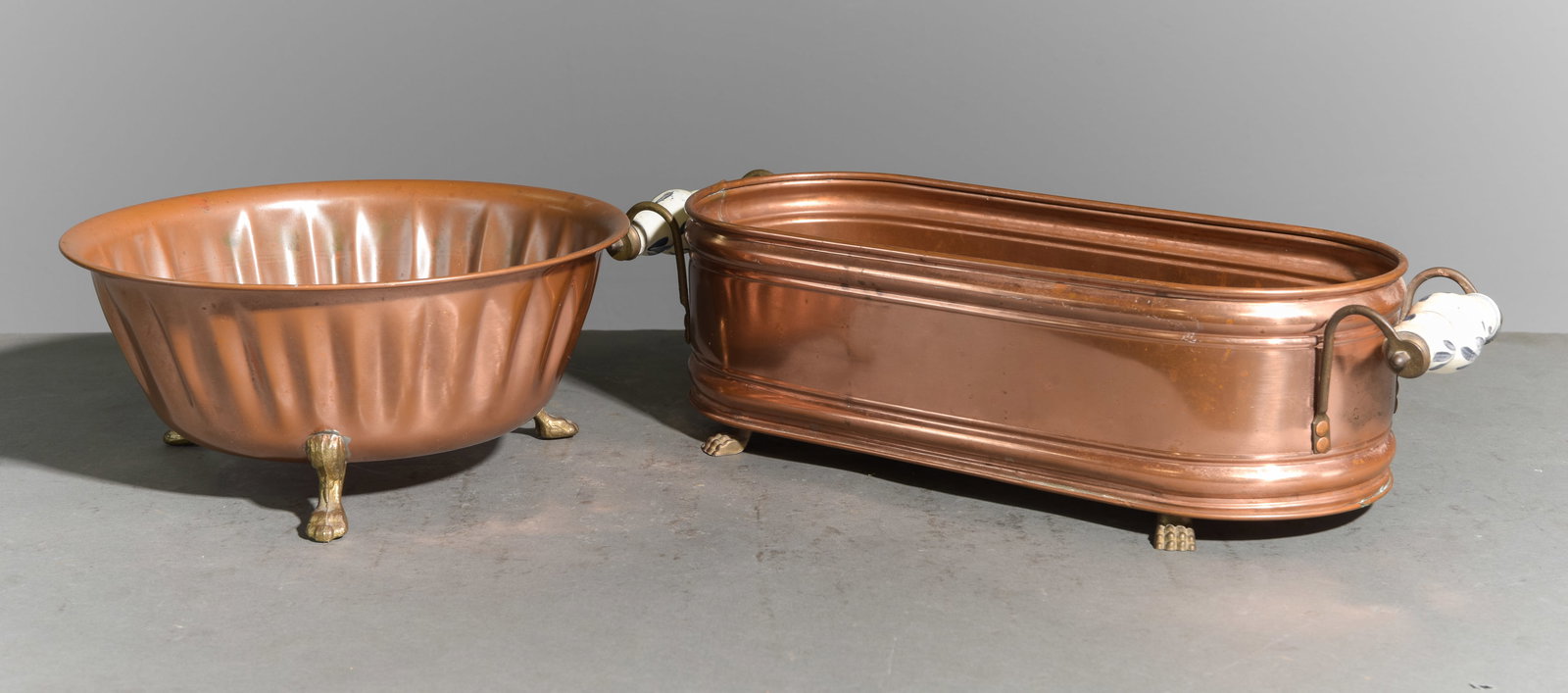Two French Copper Jardinieres: Two French Copper Jardinieres - 5.5 in tall x 20 x 7