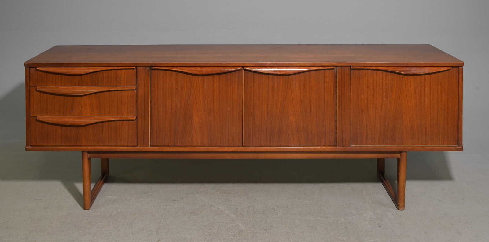 Mid Century Modern Sideboard - Stonehill: Danish Modern Style Sideboard on Sleigh Base by Stonehill with Folded Handles - 29 in tall x 84 x 17