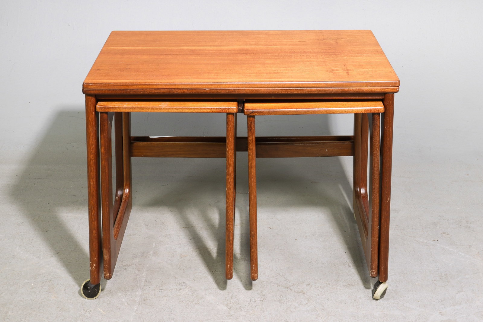Mid Century Triform Flip Top Nest by McIntosh: Danish Modern Style Teak Triform Flip Top Nest by McIntosh - 23.5 in tall x 29 x 16, small ones are 19 in tall x 13 x 14