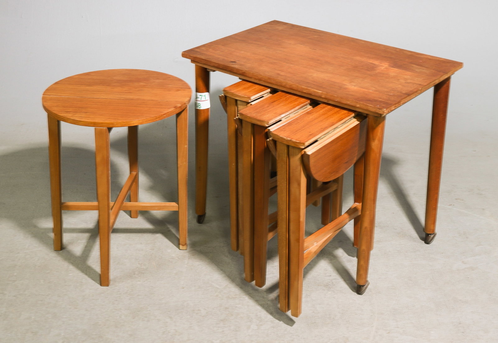 Mid Century Modern Nest of 5 Tables #2: Danish Modern Style Nest of 5 Tables - 22 in tall x 24.5 x 16.5, The four little tables are 19 in tall x 15 x 4.5, leaves add an additional 6 inches each