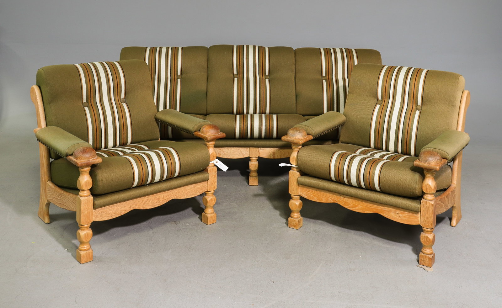 Danish Oak Three Seater Sofa & Two Arm Chairs: Danish Oak Three Seater Sofa & Two Arm Chairs - Sofa is 31 in tall x 80 x 31 with a seat height of 17 inches, Chairs are 30.5 in tall x 32.5 x 31 each with a seat height of 17 inches - Similar in styl