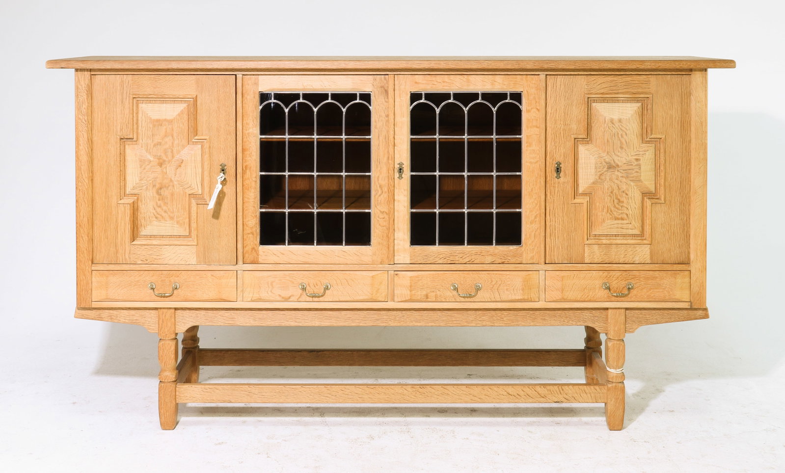 Danish Oak Leaded Glass Four Door Sideboard #1: Danish Oak Four Door Sideboard / Buffet with Leaded Glass - 47 in tall x 85 x 19.5 - Similar in style to / possibly by : S. Thrane & Son / Henning Kjaernulf / Guillerme & Chambron.