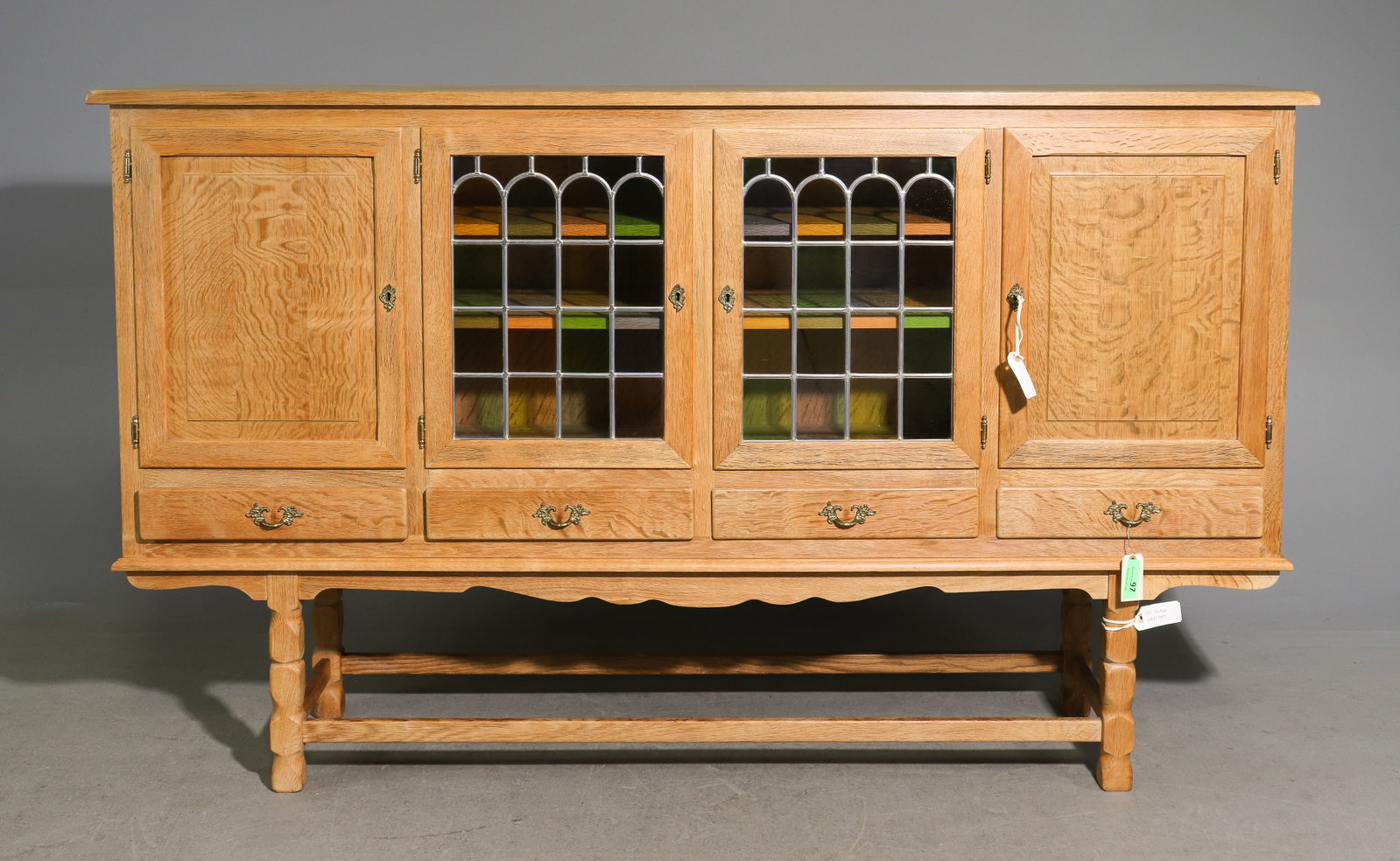 Danish Oak Leaded Glass Four Door Sideboard #2: Danish Oak Leaded Glass Four Door Sideboard / Cocktail Cabinet - 48 in tall x 80 x 17 - Similar in style to / possibly by : S. Thrane & Son / Henning Kjaernulf / Guillerme & Chambron.