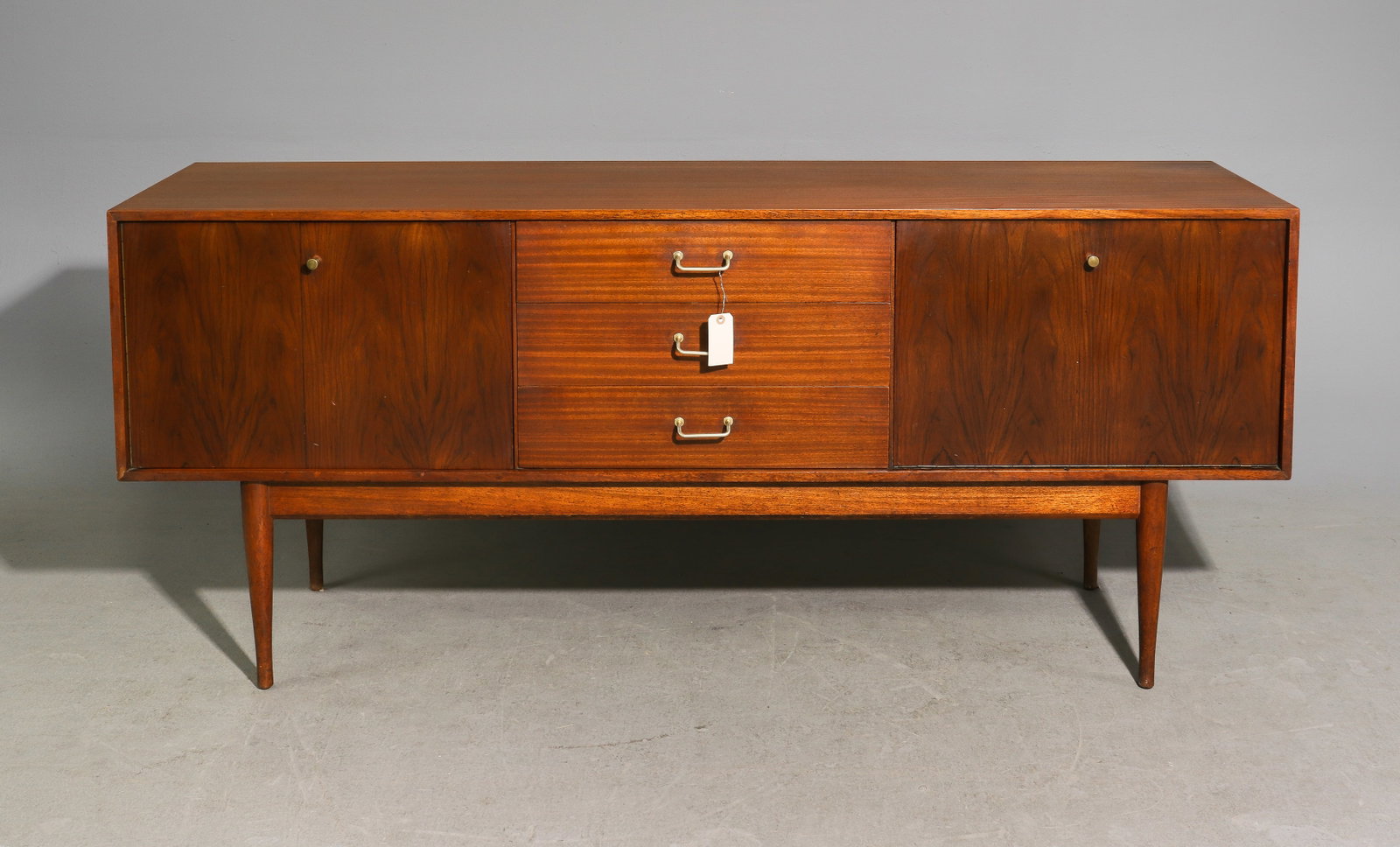 Mid Century Modern Cocktail Sideboard / Credenza: Danish Modern Style Cocktail Sideboard / Credenza with Bi-Fold Doors and Metal Pulls - 31 in tall x 72 x 19