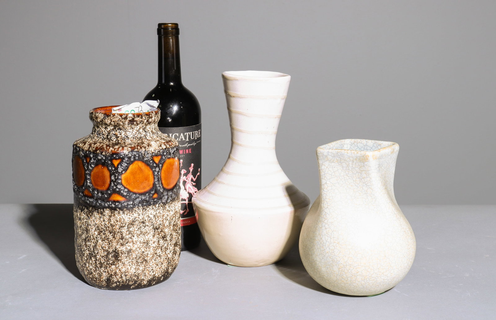 West German Vase & 2 Hungarian Pottery Vases: West German Vase & 2 Hungarian Pottery Vases - 9 in tall x 6 inch diameter, 6 in tall x 5 inch diameter and 7.5 in tall x 4 inch diameter
