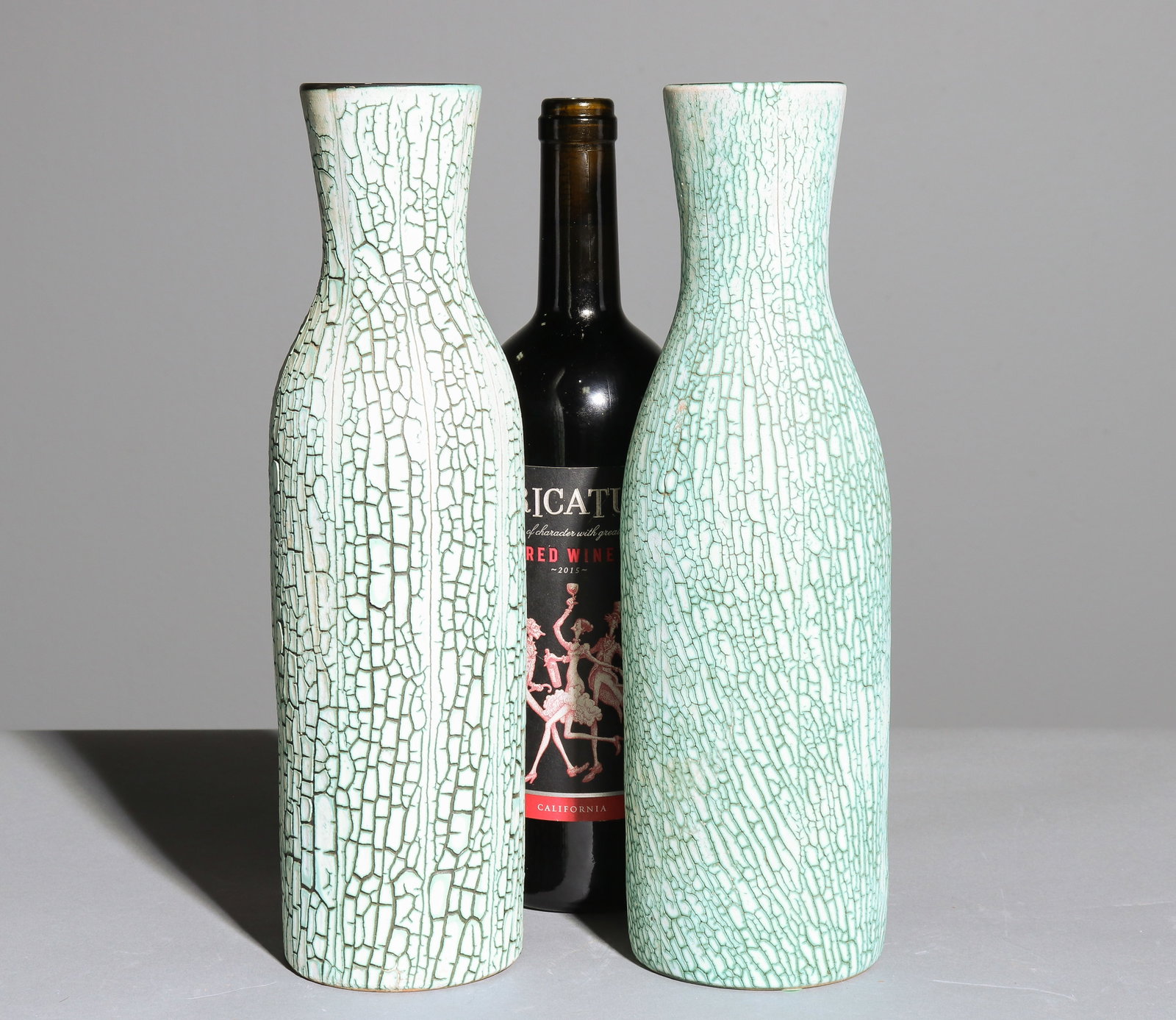 2 Hungarian Turquoise Crackle Glazed Vases: 2 Hungarian Turquoise Crackle Glazed Vases - 12 in tall x 3 inch diameter each