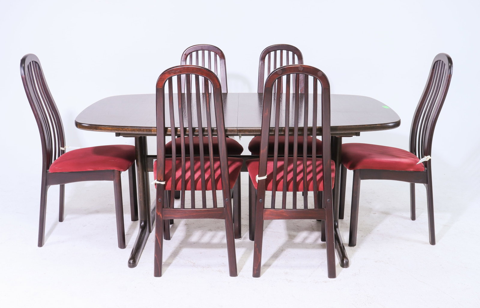 Danish Modern Double Leaf Dining Table & 6 Chairs: Danish Modern Oval Double Leaf Dining Table & 6 Chairs - Table is 28.5 in tall x 64.5 x 39, Leaves add an additional 20 inches each, Floor to apron is 25 inches and the space between the legs is 39.5 