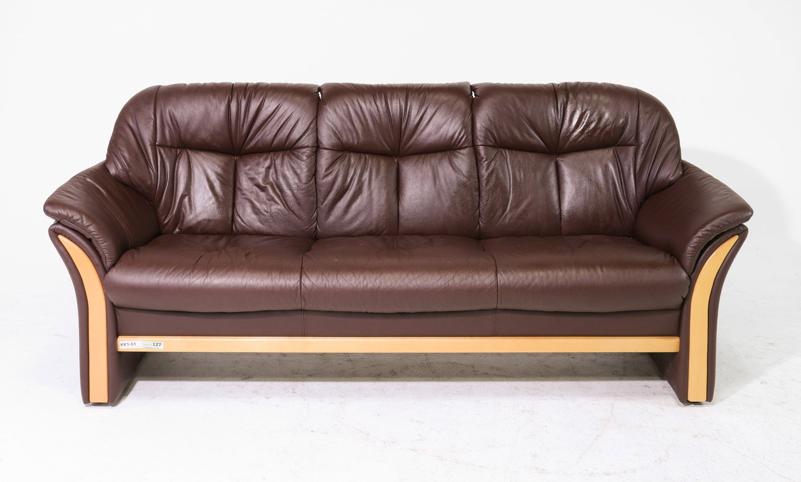 Mid Century Brown Leather Three Seater Sofa - Ekornes: Danish Modern Style Brown Leather Three Seater Sofa - Ekornes - 34 in tall x 83.5 x 31 with a seat height of 16 inches