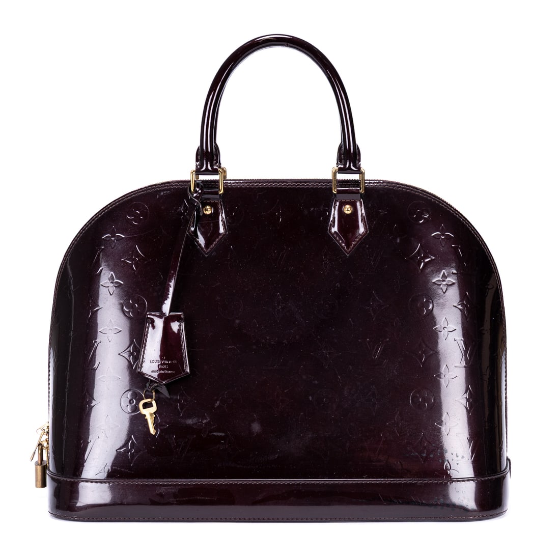 Louis Vuitton Alma GM in Amarante Monogram Vernis: Genuine Pre-Owned Louis Vuitton Alma GM in Amarante Monogram Vernis made in France in AB condition. Date Code is MI1120 (12th week of 2010) Measurements: 39*29*19cm (Length * Height * Width). This lot
