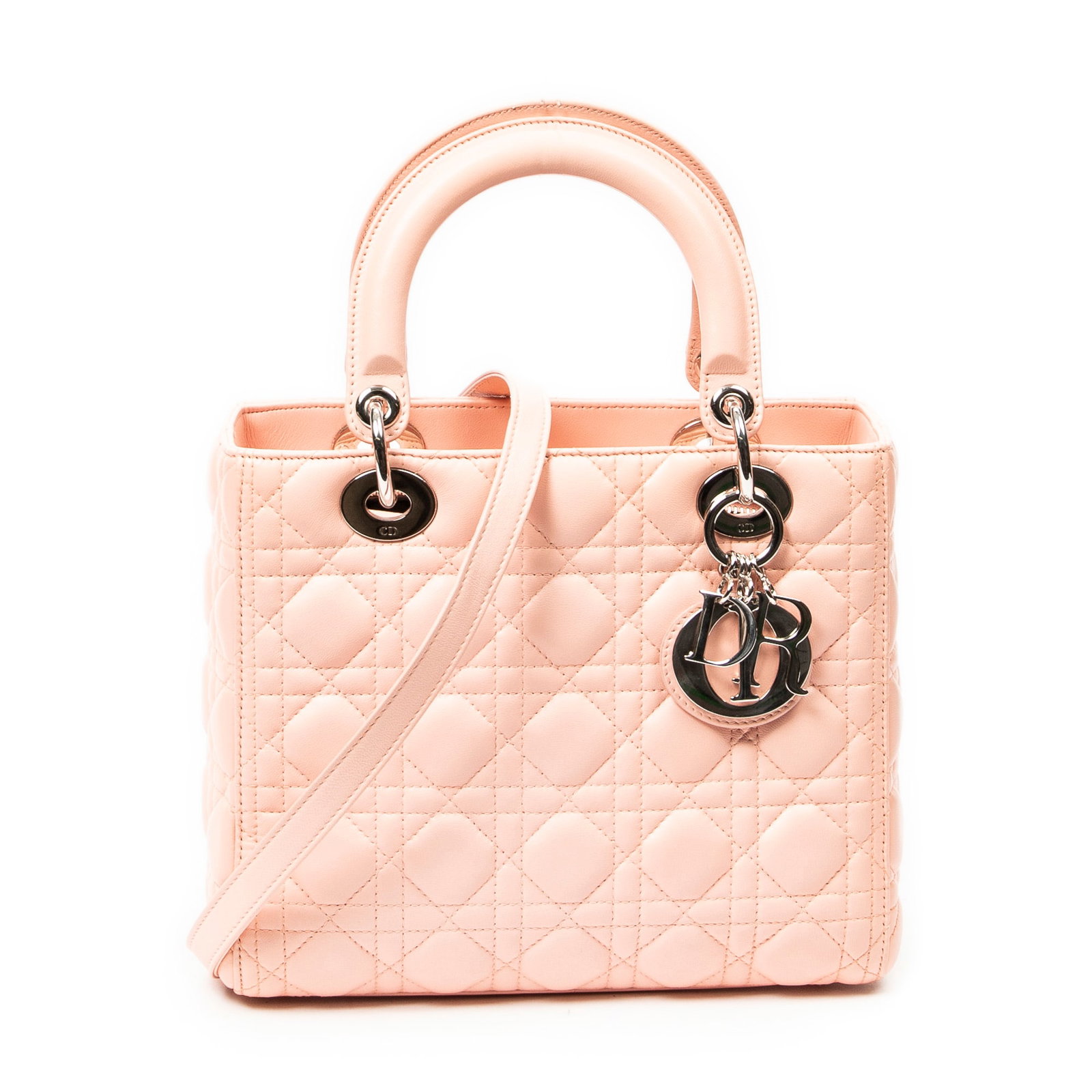 Dior Medium Lady Dior Zip in Cannage Lambskin Leather: Genuine Pre-Owned Dior Medium Lady Dior Zip in Light Pink Cannage Lambskin Leather made in France in AA condition. Date Code is 16-BO-0175 Measurements: 24*20*11cm (Length * Height * Width). This lot 