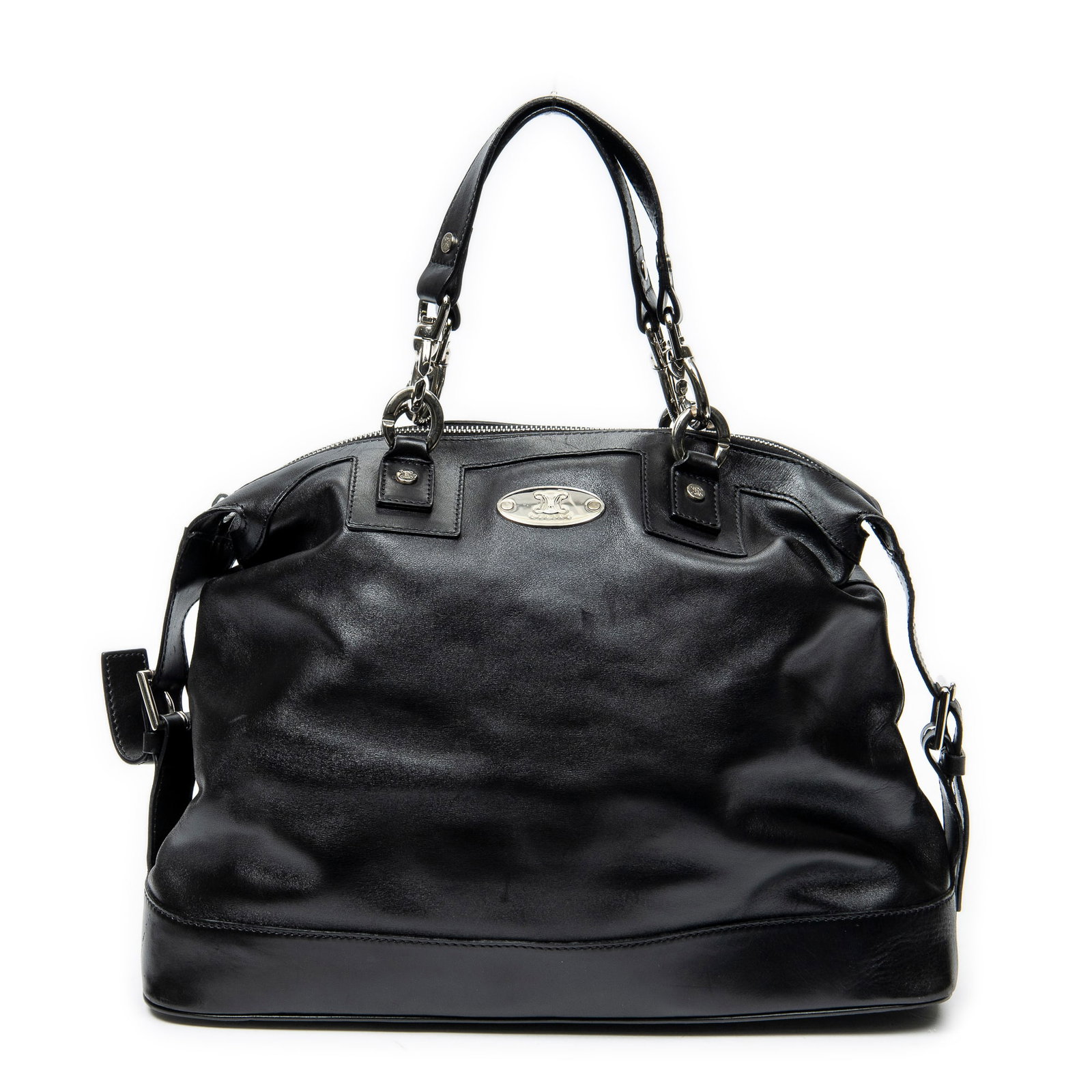 Celine Vintage Dome Tote in Black Calfskin Leather: Genuine Pre-Owned Celine Vintage Dome Tote in Black Calfskin Leather made in France in A condition. Date Code is CE00/12 Measurements: 36*26*14cm (Length * Height * Width). This lot includes a certifi