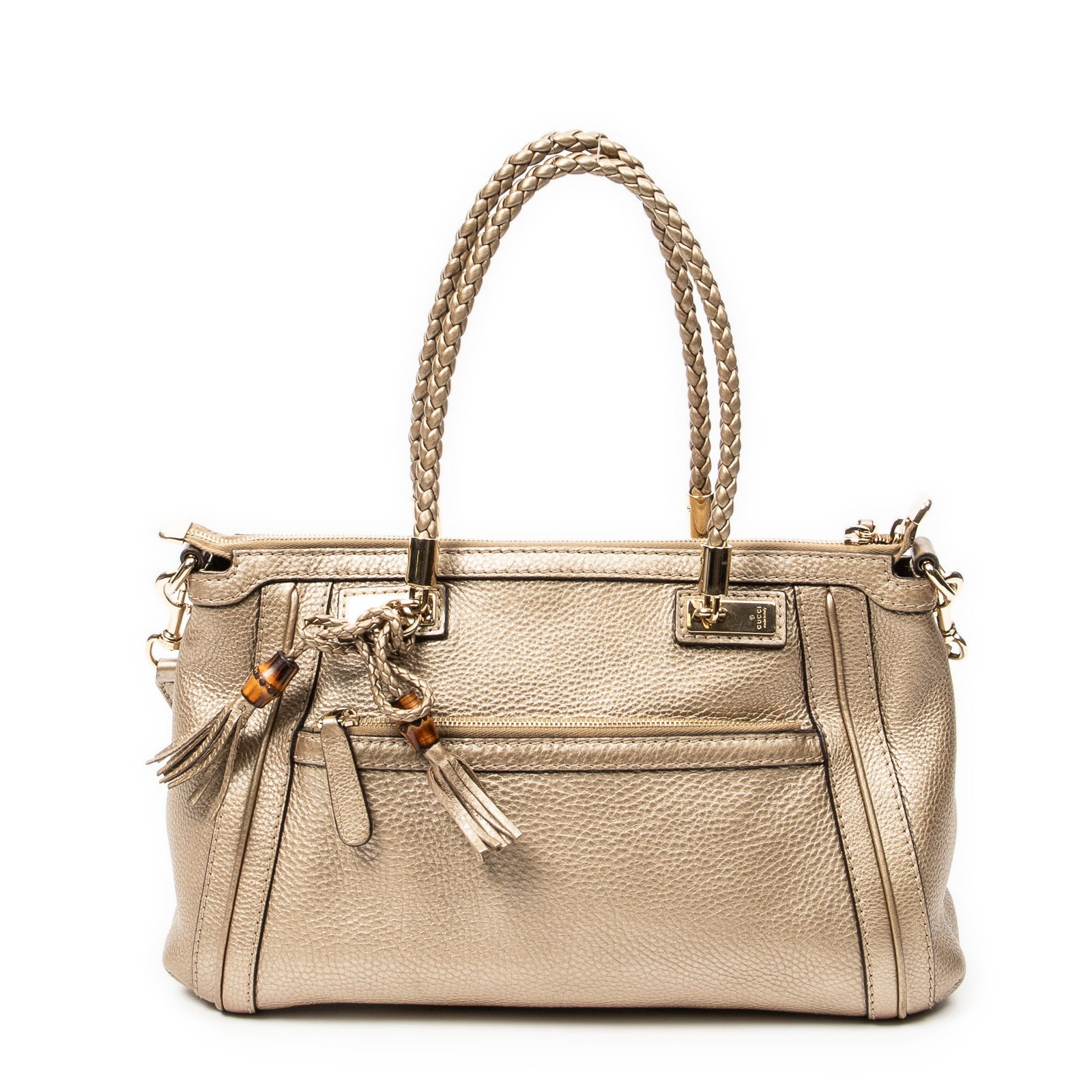 Gucci Bella Bamboo Tote in Gold Calfskin Leather: Genuine Pre-Owned Gucci Bella Bamboo Tote in Gold Grained Calfskin Leather made in Italy in A condition. Date Code is 282300-204991 Measurements: 34*21*8cm (Length * Height * Width). This lot includes