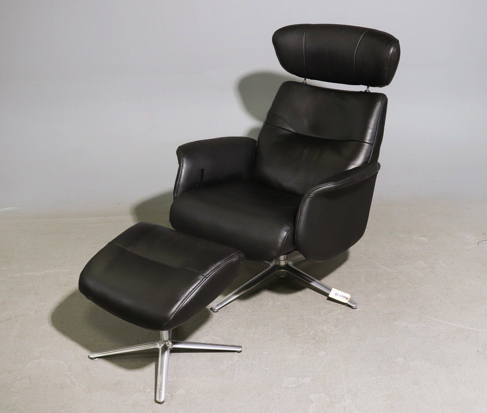 Mid Century Modern Blacke Leather Chair & Ottoman: Danish Modern Style Black Leather Lounge Chair & Ottoman / Foot Stool - 41.5 in tall x 30 x 30 with a seat height of 17 inches, Ottoman is 16 in tall x 19 x 16