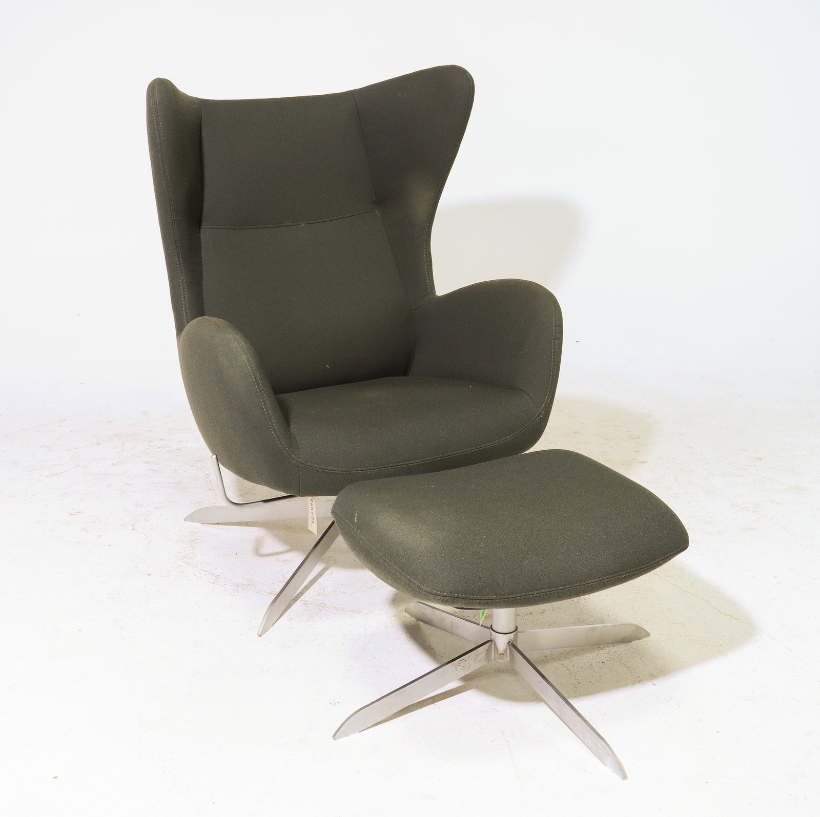 Mid Century Modern Wing Back Chair & Ottman: Danish Modern Style Wing Back Lounge Chair & Ottoman - 42 in tall x 31.25 x 30 with a seat height of 16.5, Stool is 15 in tall x 21.5 x 19.5