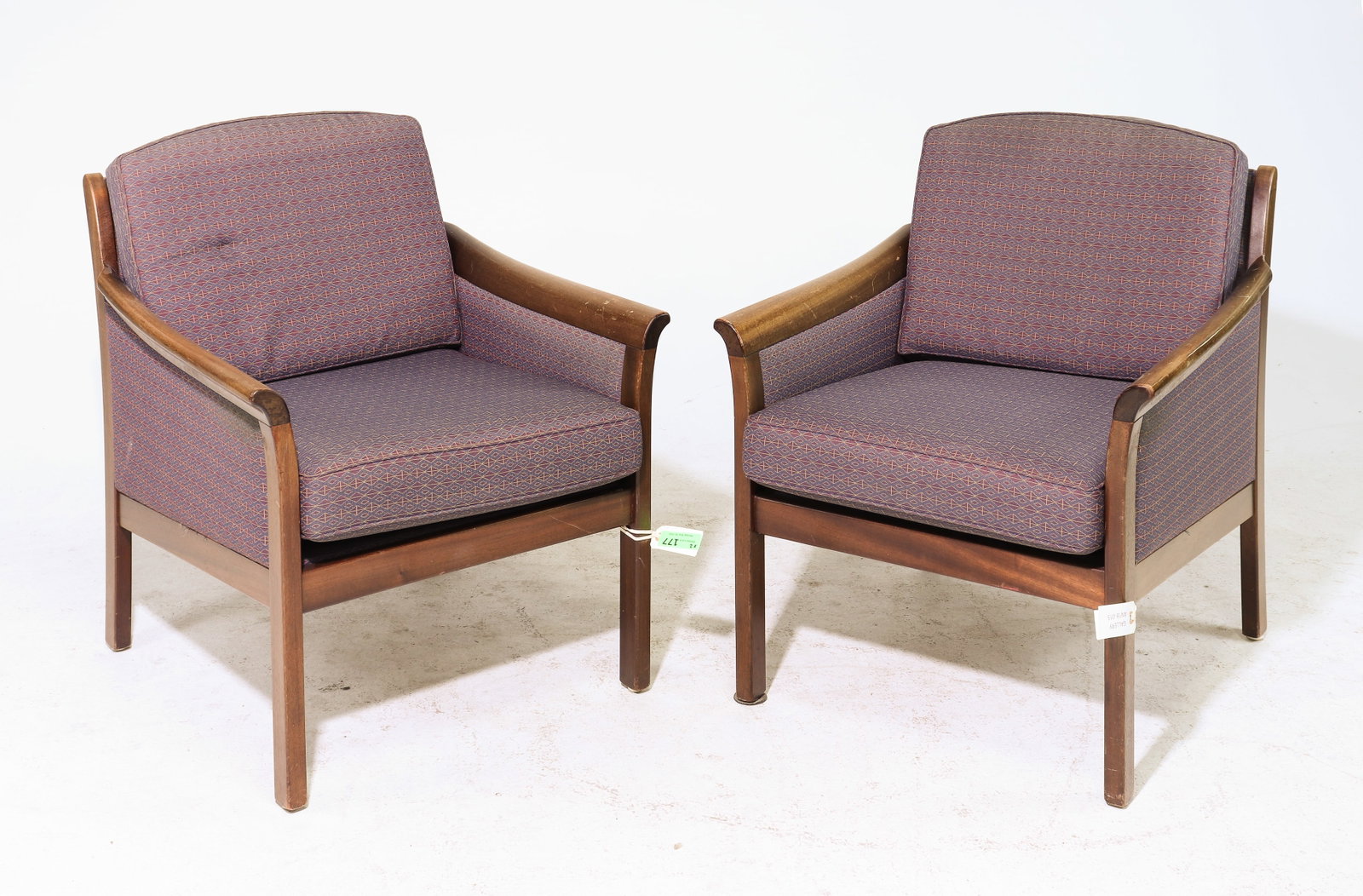 Danish Pair of Upholstered Arm Chairs: Danish Pair of Upholstered Arm Chairs - 32.5 in tall x 26.5 x 32 each with a seat height of 18 inches