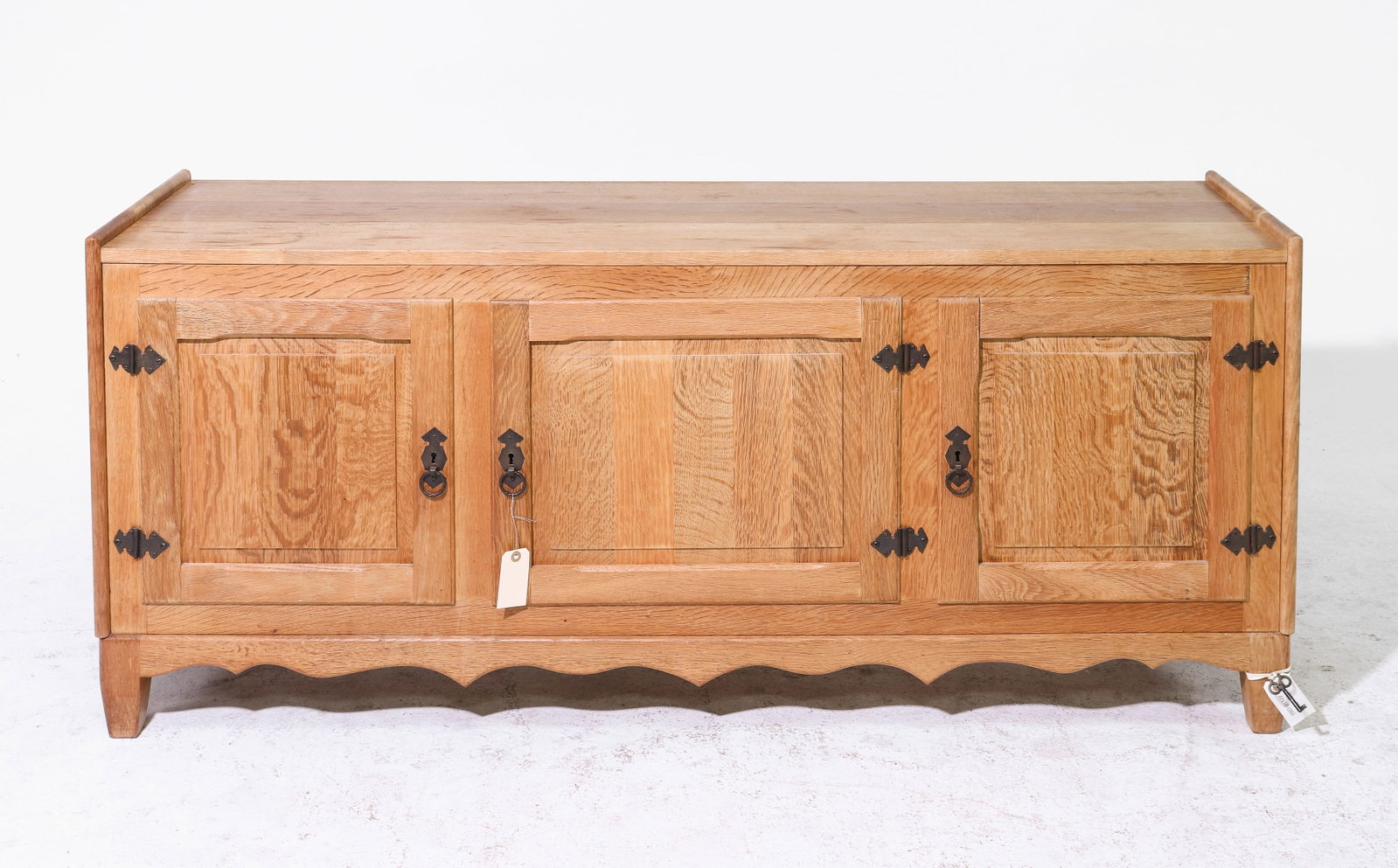 Danish Oak Three Door Low Sideboard / Credenza: Danish Oak Three Door Low Sideboard / Credenza - 27 in tall x 63 x 17.75 - Similar in style to / possibly by : S. Thrane & Son / Henning Kjaernulf / Guillerme & Chambron.
