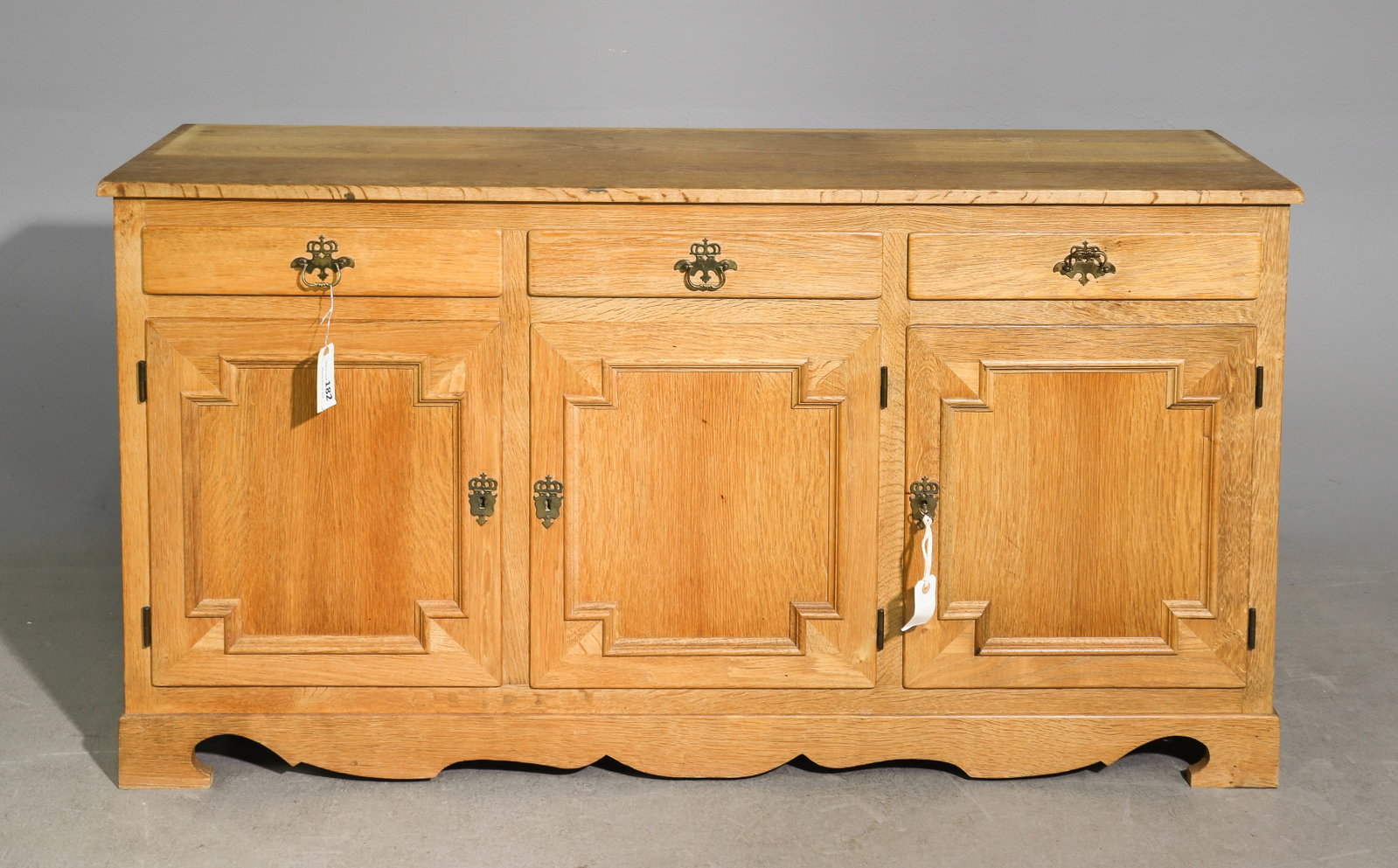 Danish Oak Three Door Sideboard / Credenza: Danish Oak Three Door Sideboard / Credenza - 31.25 in tall x 60 x 17.5 - Similar in style to / possibly by : S. Thrane & Son / Henning Kjaernulf / Guillerme & Chambron.