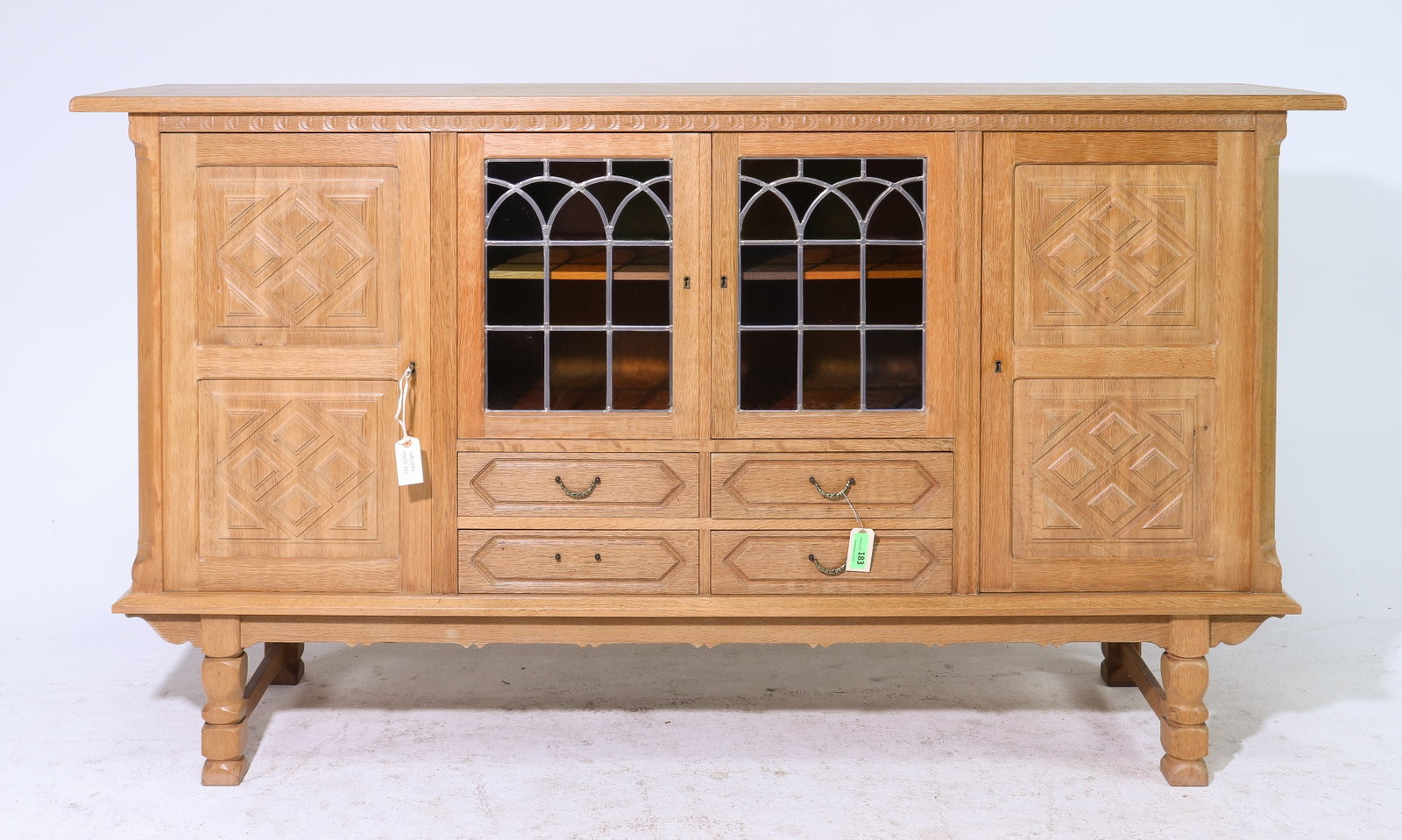 Danish Oak Cocktail Cabinet / Sideboard: Danish Oak Cocktail Cabinet / Sideboard with Leaded Stained Glass - 46 in tall x 83.5 x 21 - Similar in style to / possibly by : S. Thrane & Son / Henning Kjaernulf / Guillerme & Chambron.