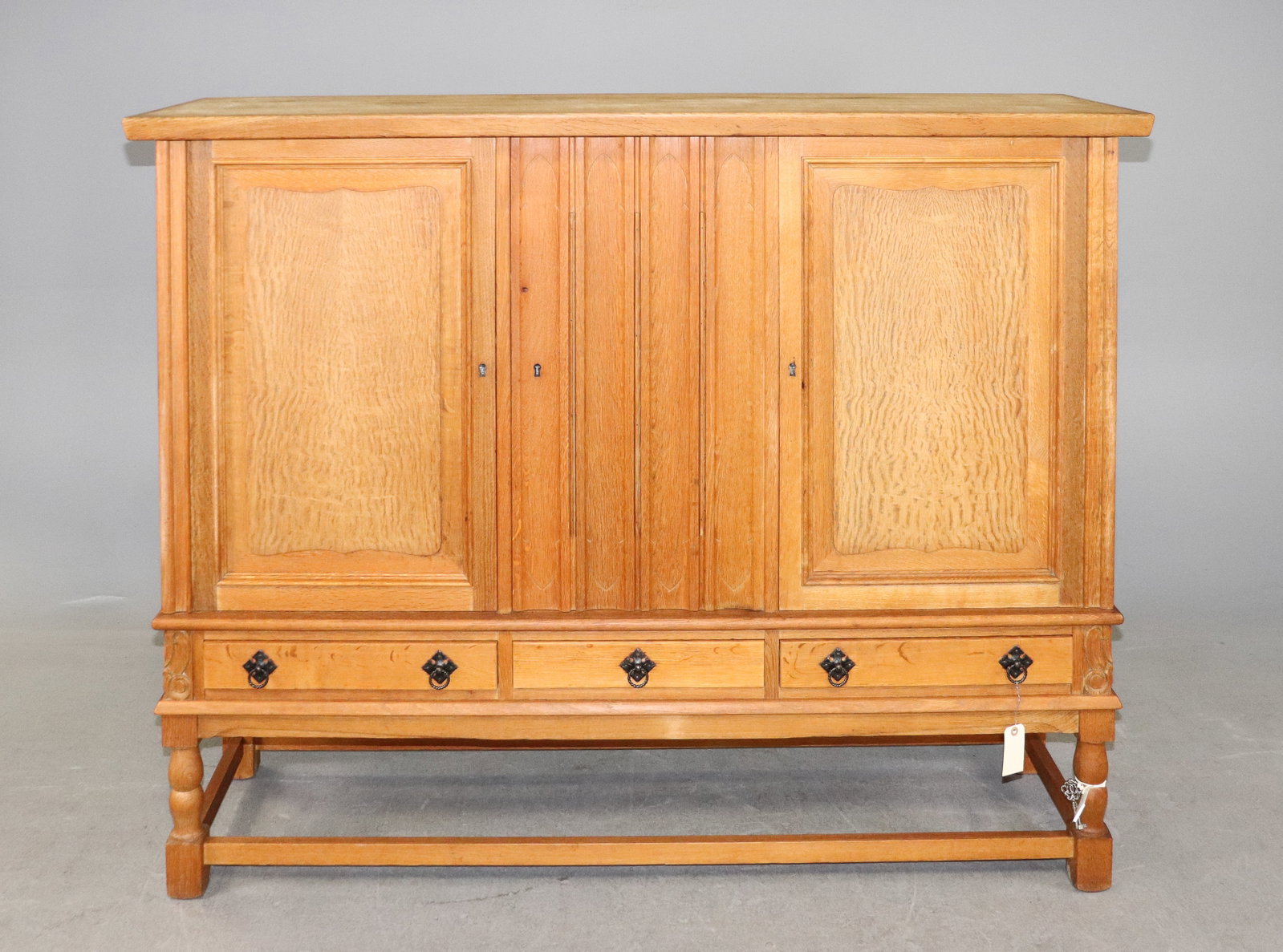 Danish Oak Two Door Cocktail Cabinet with Drawers: Danish Oak Two Door Cocktail Cabinet with Drawers - 50.5 in tall x 63 x 18.25 - Similar in style to / possibly by : S. Thrane & Son / Henning Kjaernulf / Guillerme & Chambron.