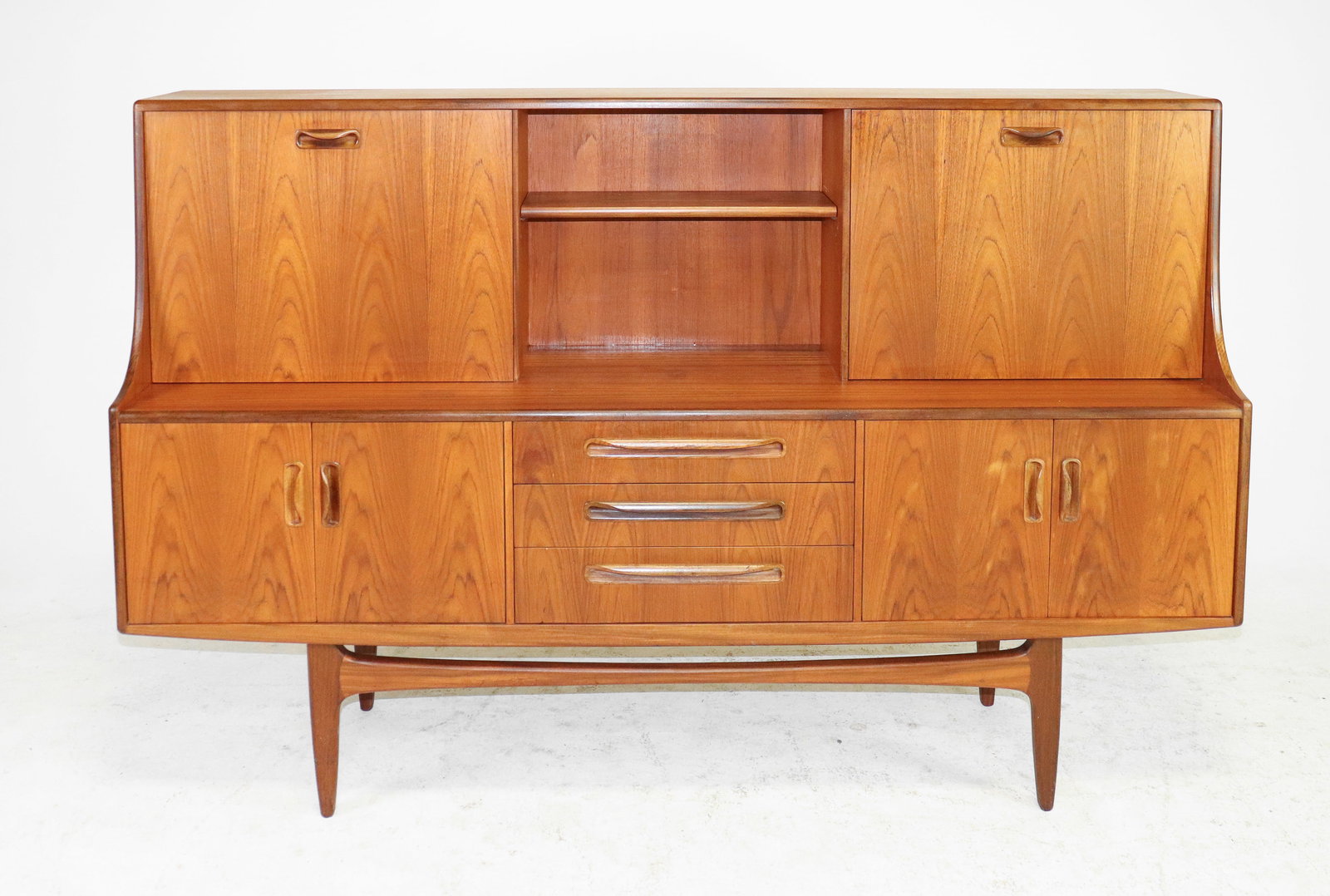 Mid Century Teak Fresco Cocktail Cabinet - Gplan #2: This Danish Modern Style hutch / high board is British and made by Mid Century Modern Furniture Maker G Plan ( Gplan ) & is part of their "Fresco" Range. It has a drop down section and open stretcher 